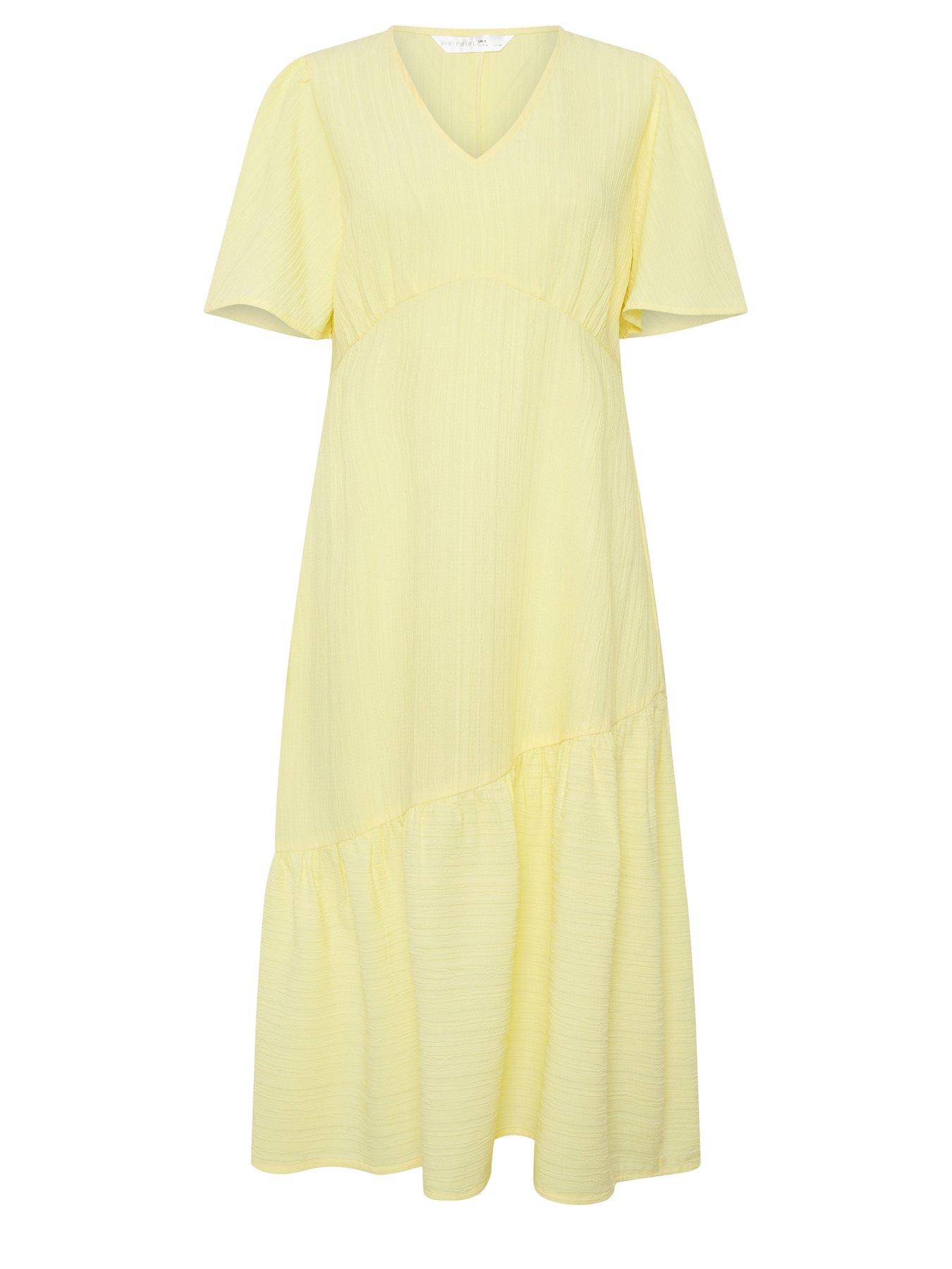 Image 5 of 5 of PixieGirl Petite Textured Asymmetric Midi Dress - Yellow