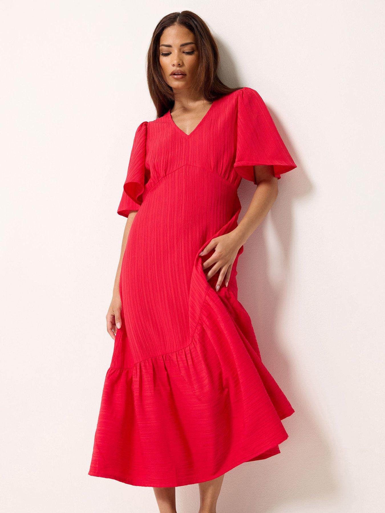 Image 1 of 4 of PixieGirl Petite Textured Asymmetric Midi Dress - Red
