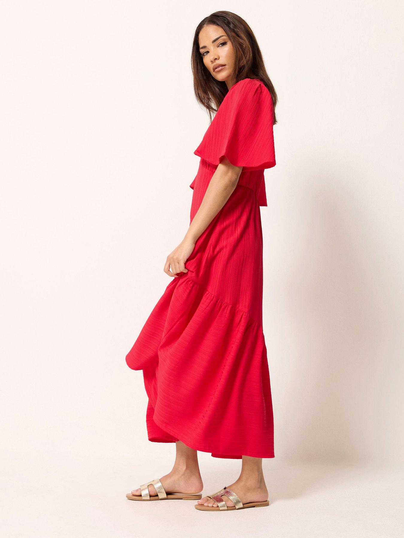 Image 3 of 4 of PixieGirl Petite Textured Asymmetric Midi Dress - Red