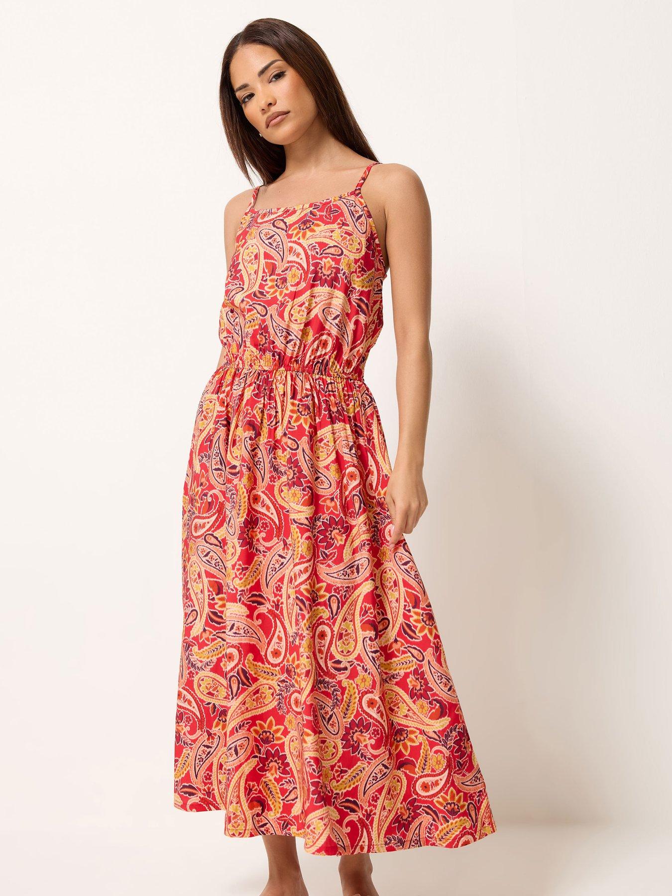 PixieGirl Petite Paisley Print Midi Dress - Orange