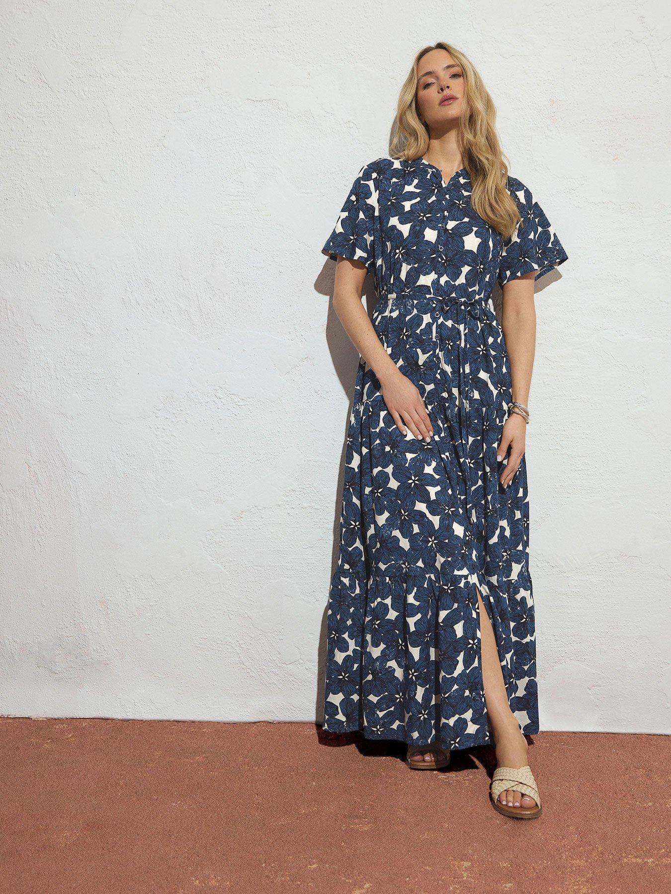floral print short sleeve tie waist maxi dress Mackenzie Elbow Sleeve Tiered Maxi in Tiles Medallion
