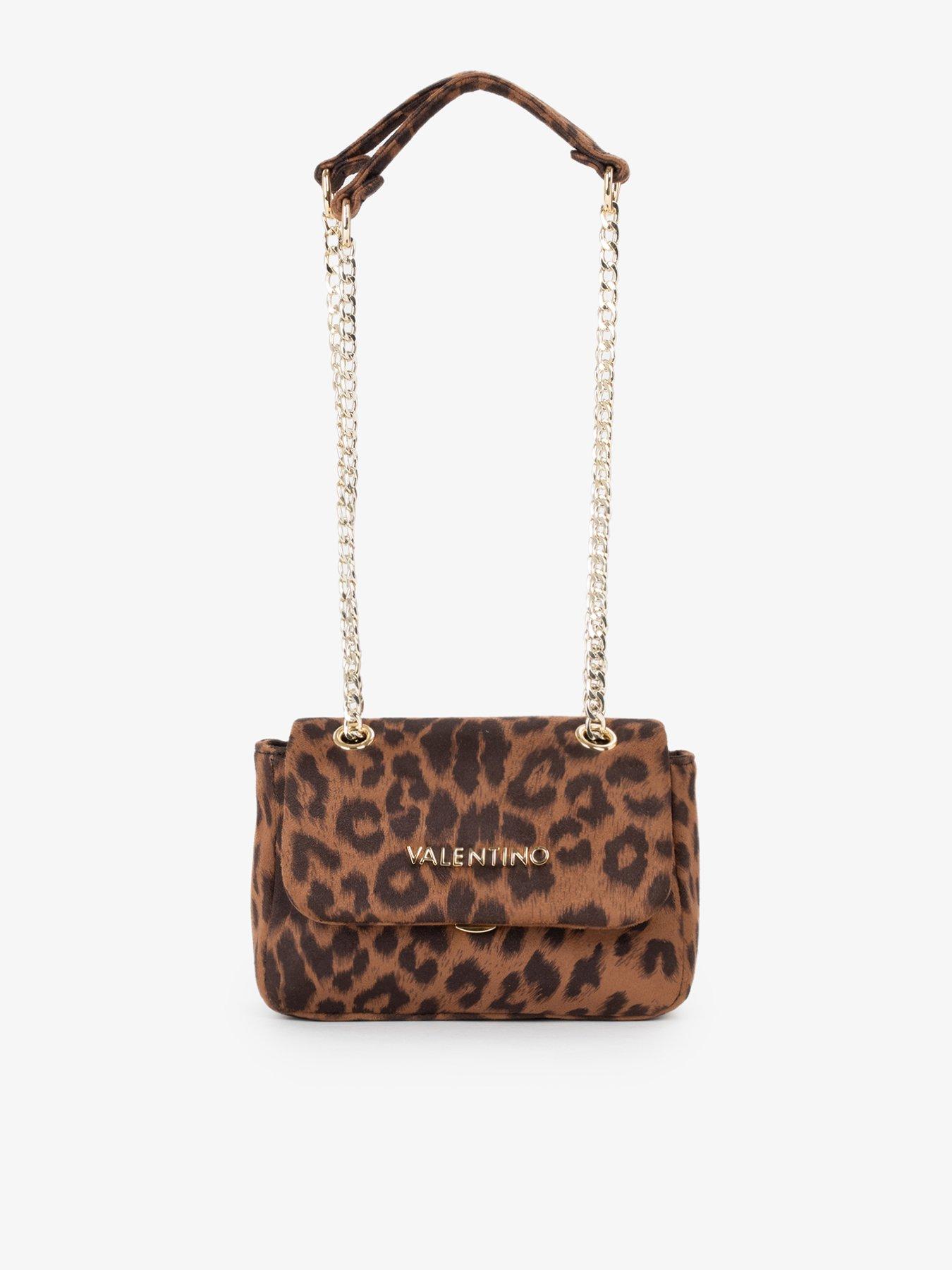 Valentino Leopard Print Flap Crossbody Bag with Chain Strap - Brown
