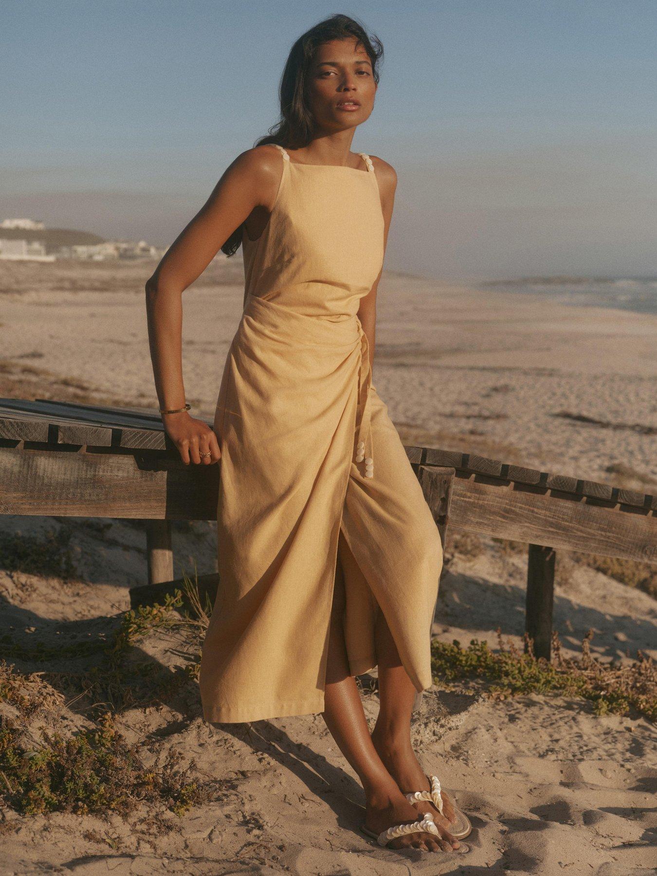 Mint Velvet Yellow Wrap Linen Midi Dress