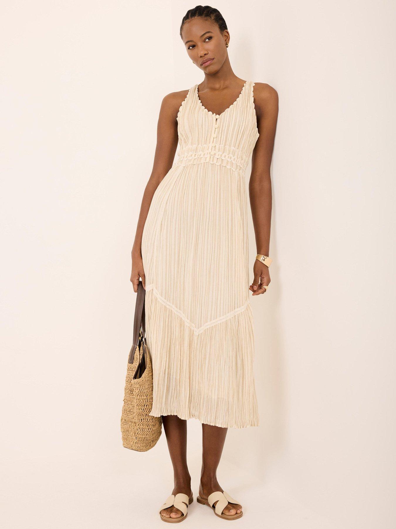 Image 1 of 6 of Mint Velvet Neutral Stripe Midi Dress - Cream