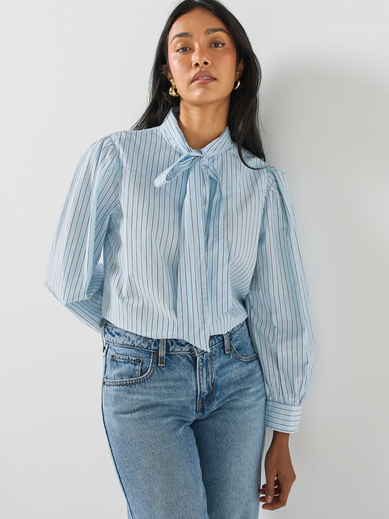 Levi's Womens Tie Neck Striped Western Shirt, Blue, Size M, Women