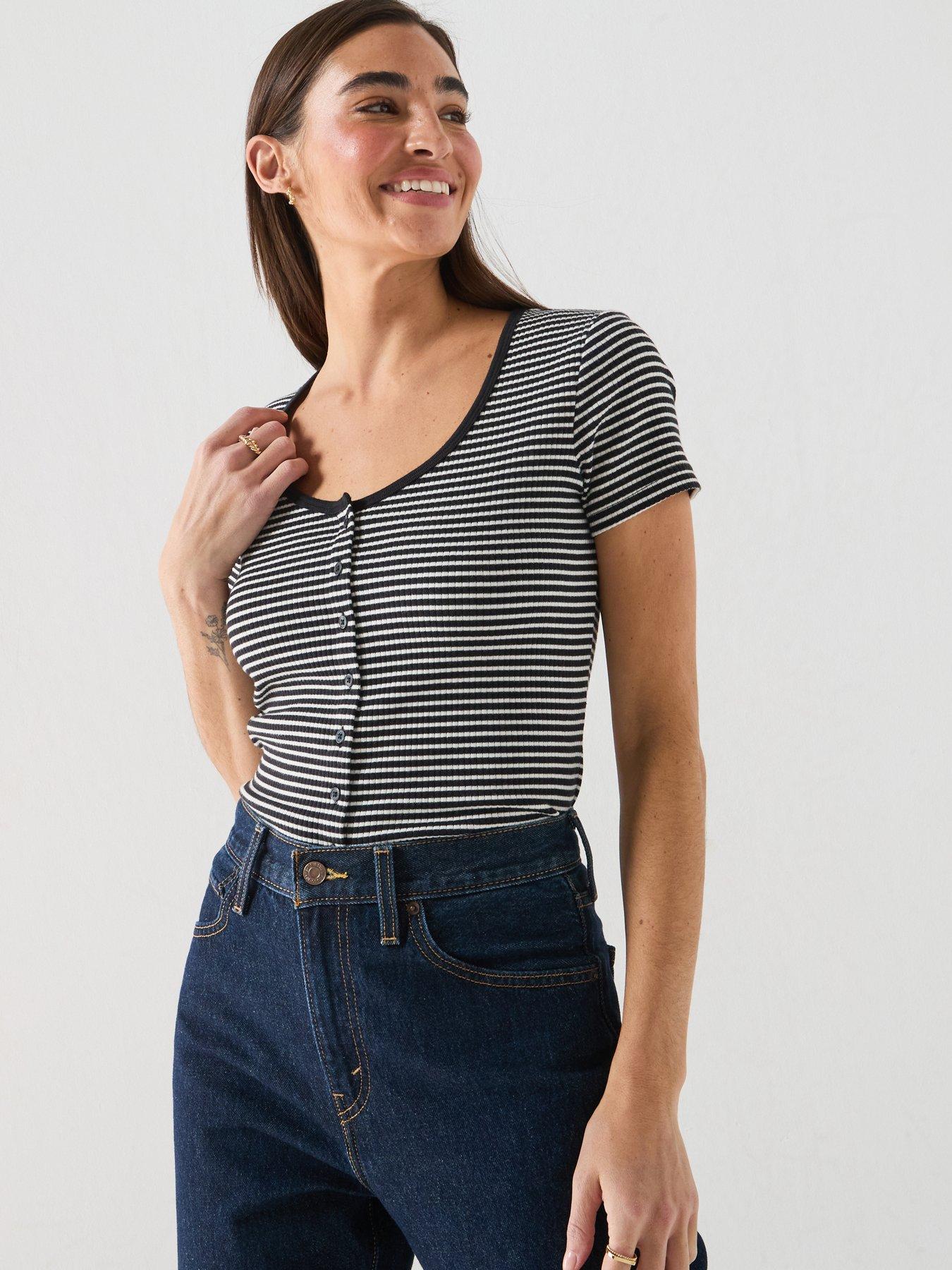 Image 1 of 6 of Levi's Austen Button Through Short Sleeve - Stripe Anthracite Night Egret