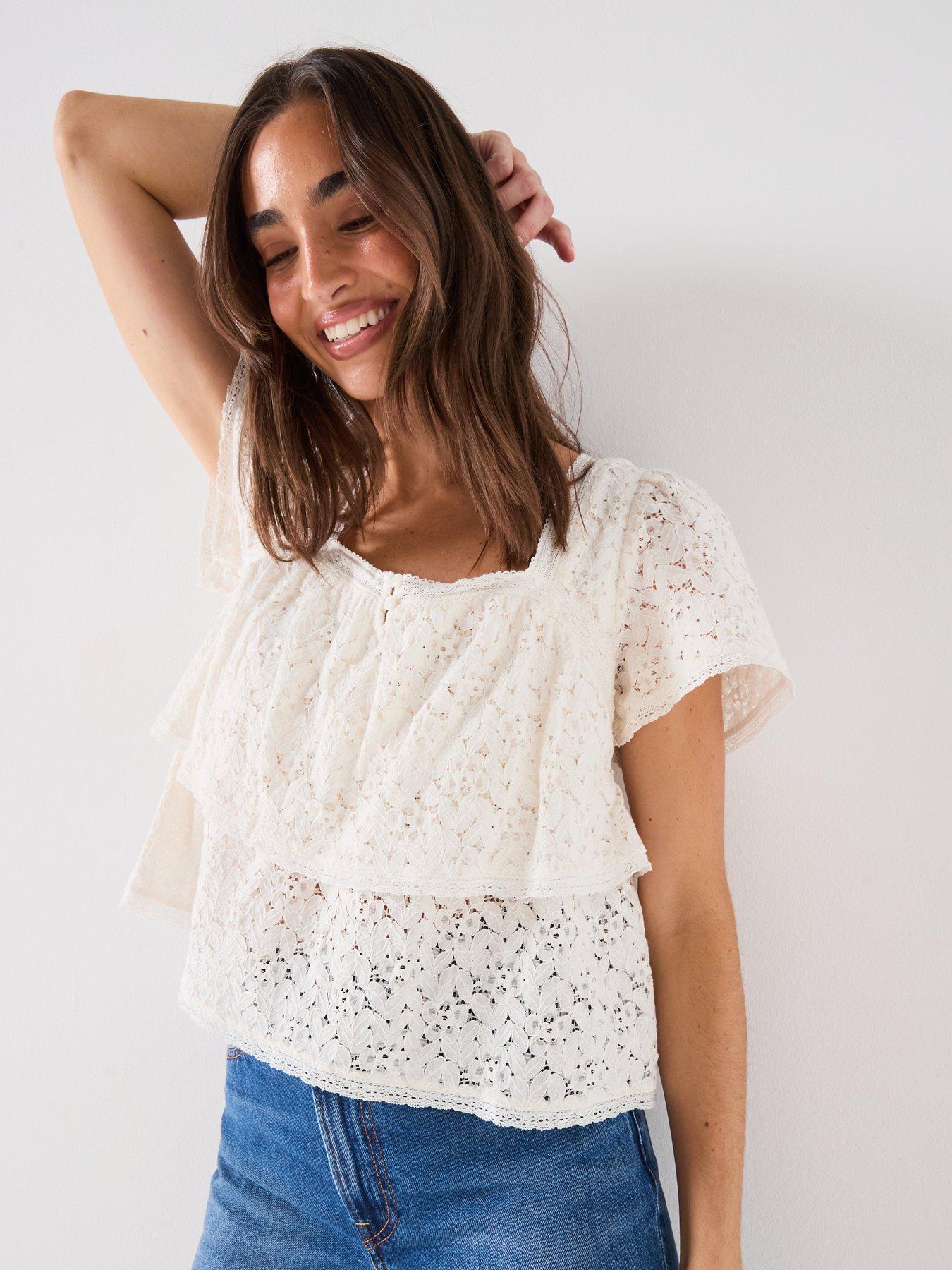 Image 1 of 6 of Levi's Dom Shortsleeve Lace Blouse - Egret - Off White