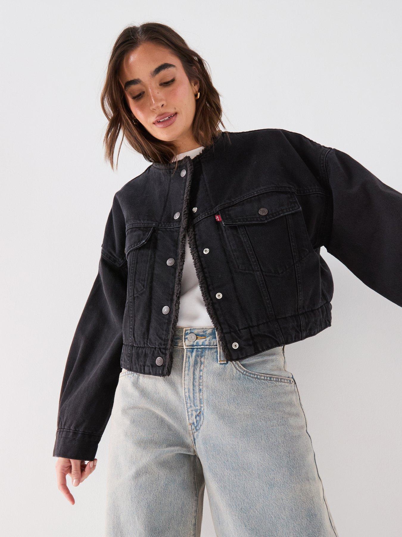 Levi's Collarless Crop Sherpa Trucker Denim Jacket, Black, Size L, Women