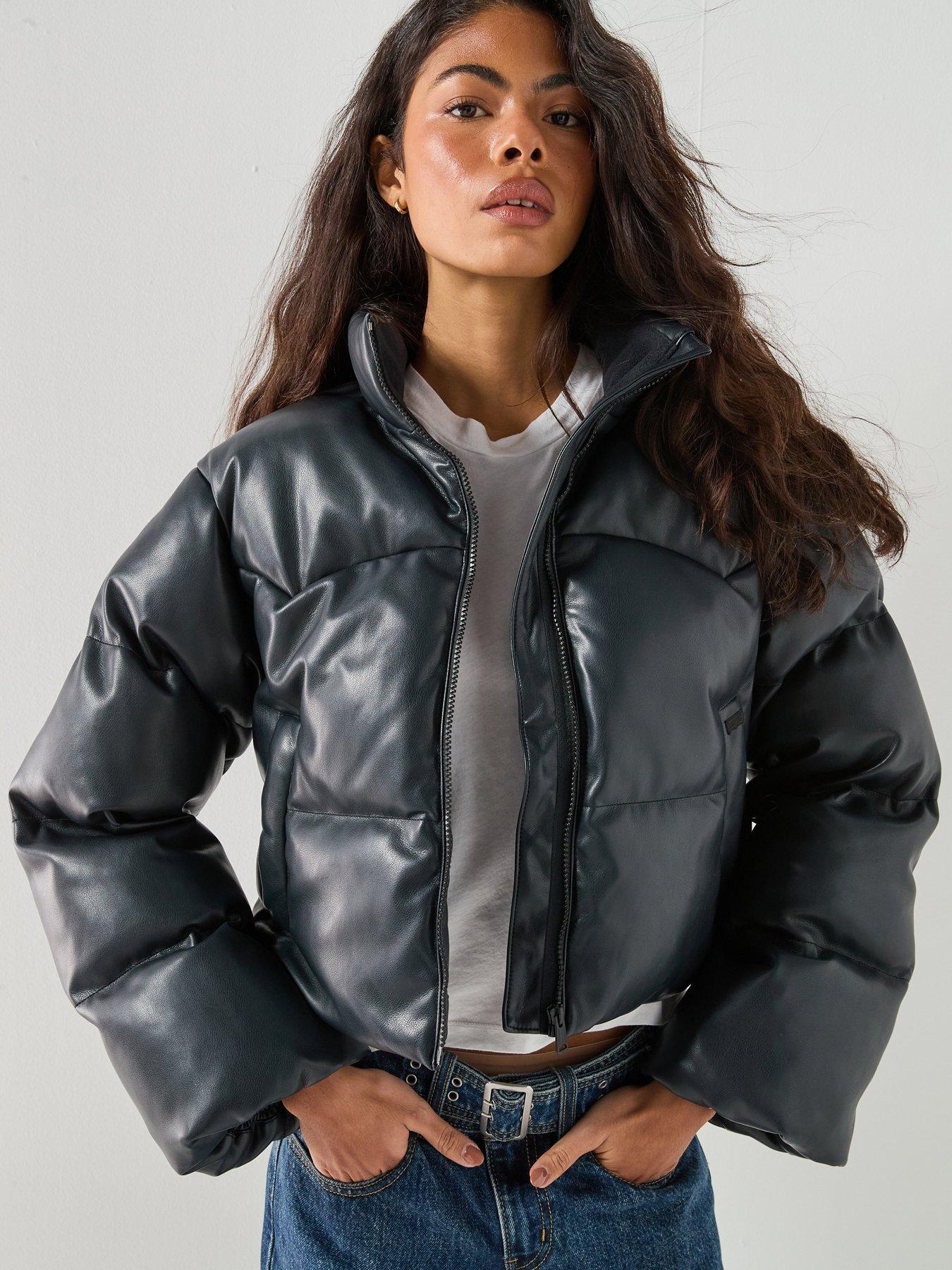 Image 1 of 6 of Levi's Womens Palmer Cropped Faux Leather Puffer Jacket - Anthracite Night