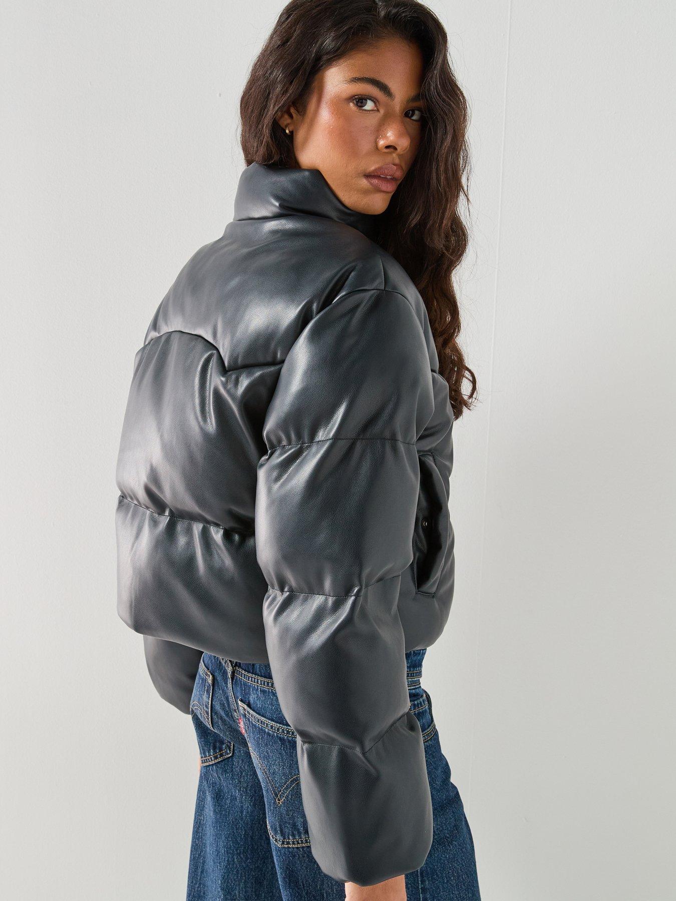 Image 2 of 6 of Levi's Womens Palmer Cropped Faux Leather Puffer Jacket - Anthracite Night