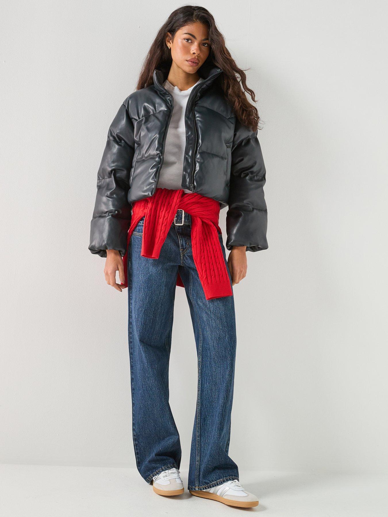 Image 3 of 6 of Levi's Womens Palmer Cropped Faux Leather Puffer Jacket - Anthracite Night