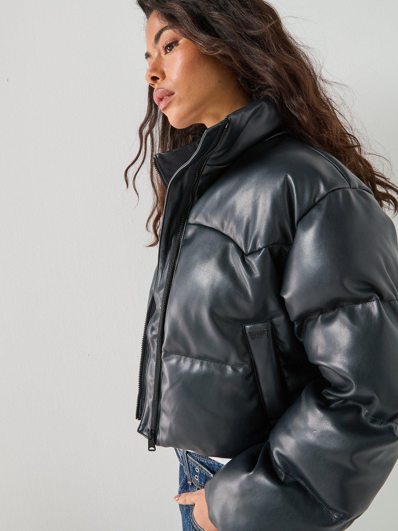 Image 4 of 6 of Levi's Womens Palmer Cropped Faux Leather Puffer Jacket - Anthracite Night