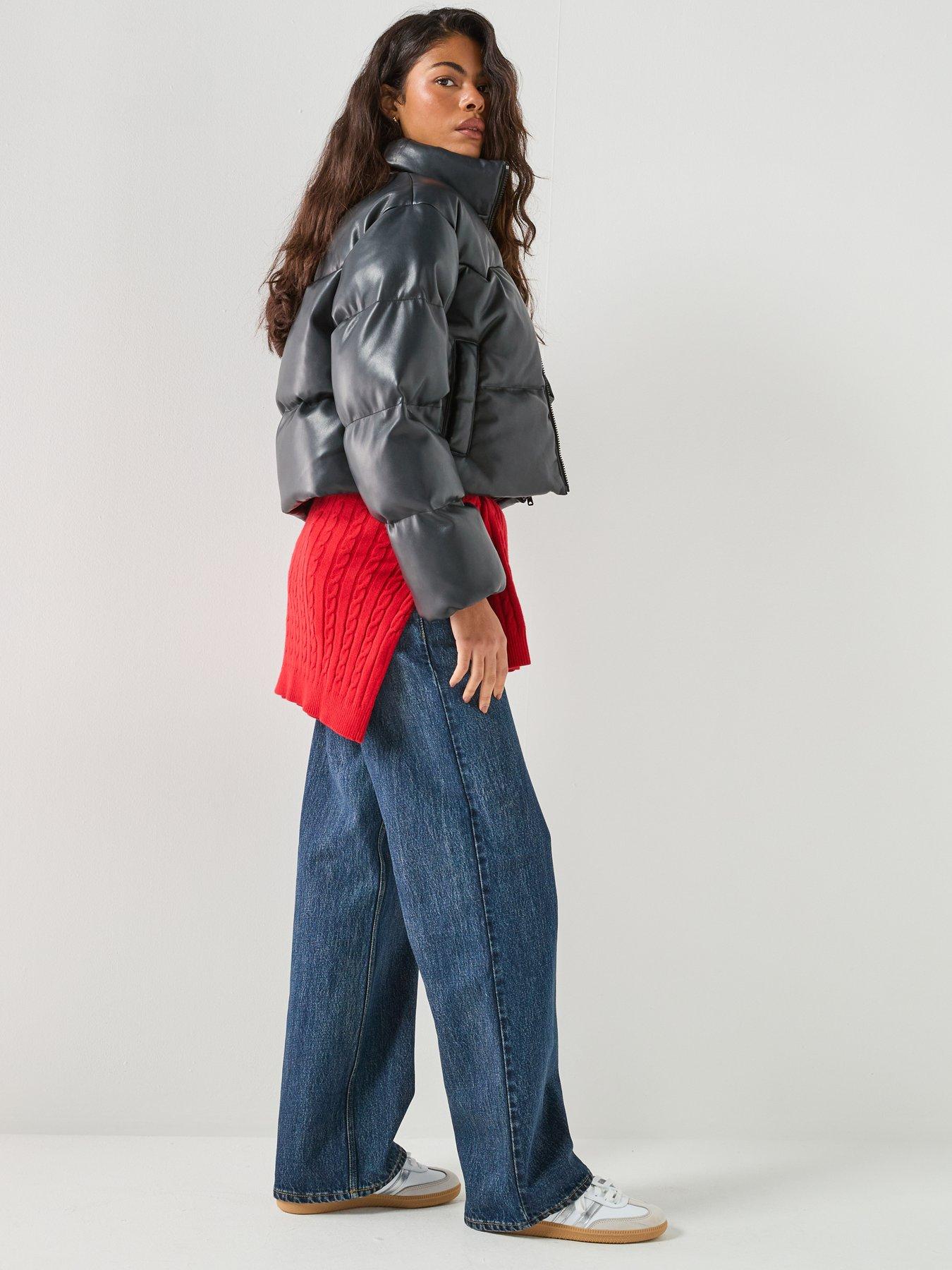 Image 5 of 6 of Levi's Womens Palmer Cropped Faux Leather Puffer Jacket - Anthracite Night