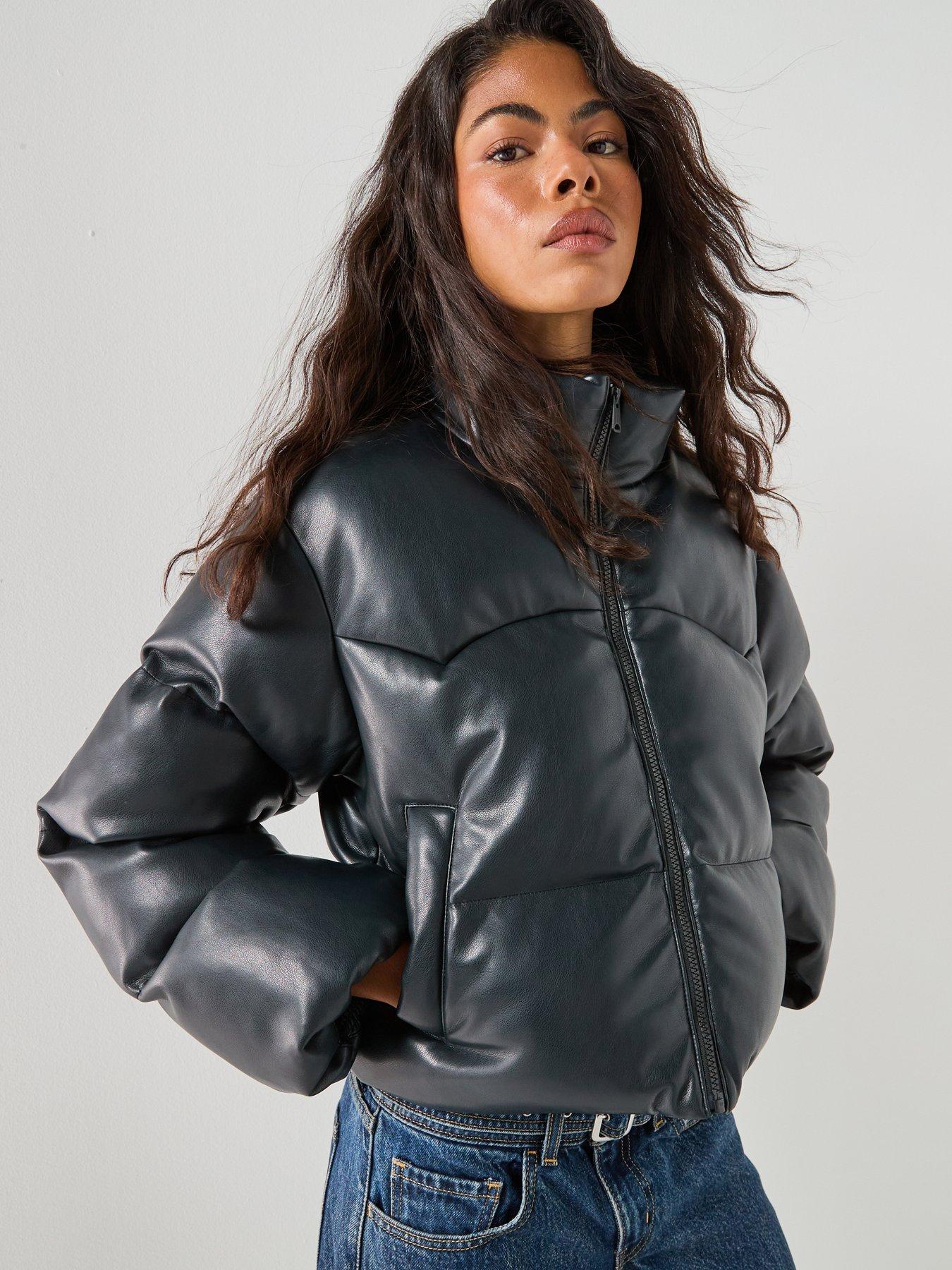 Image 6 of 6 of Levi's Womens Palmer Cropped Faux Leather Puffer Jacket - Anthracite Night