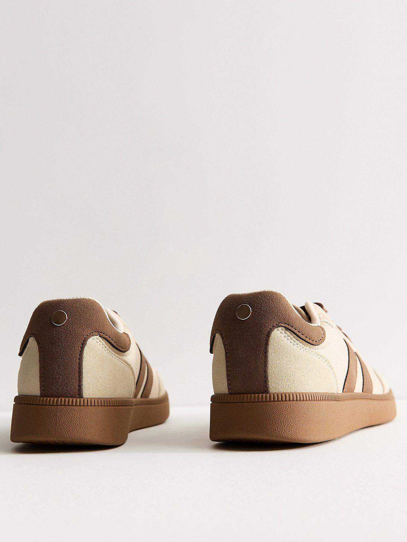 Image 2 of 3 of New Look Womens Pebbled Faux Leather Contrast Stripe Panelled Trainers - Light Brown