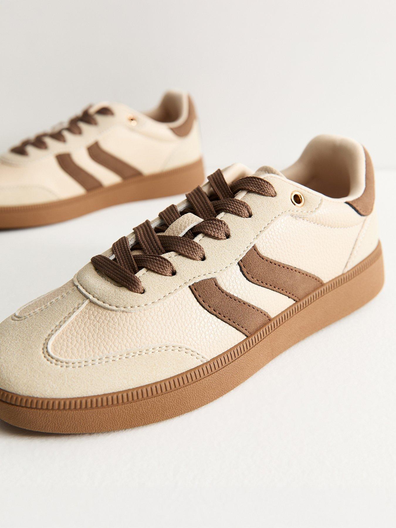 Image 3 of 3 of New Look Womens Pebbled Faux Leather Contrast Stripe Panelled Trainers - Light Brown