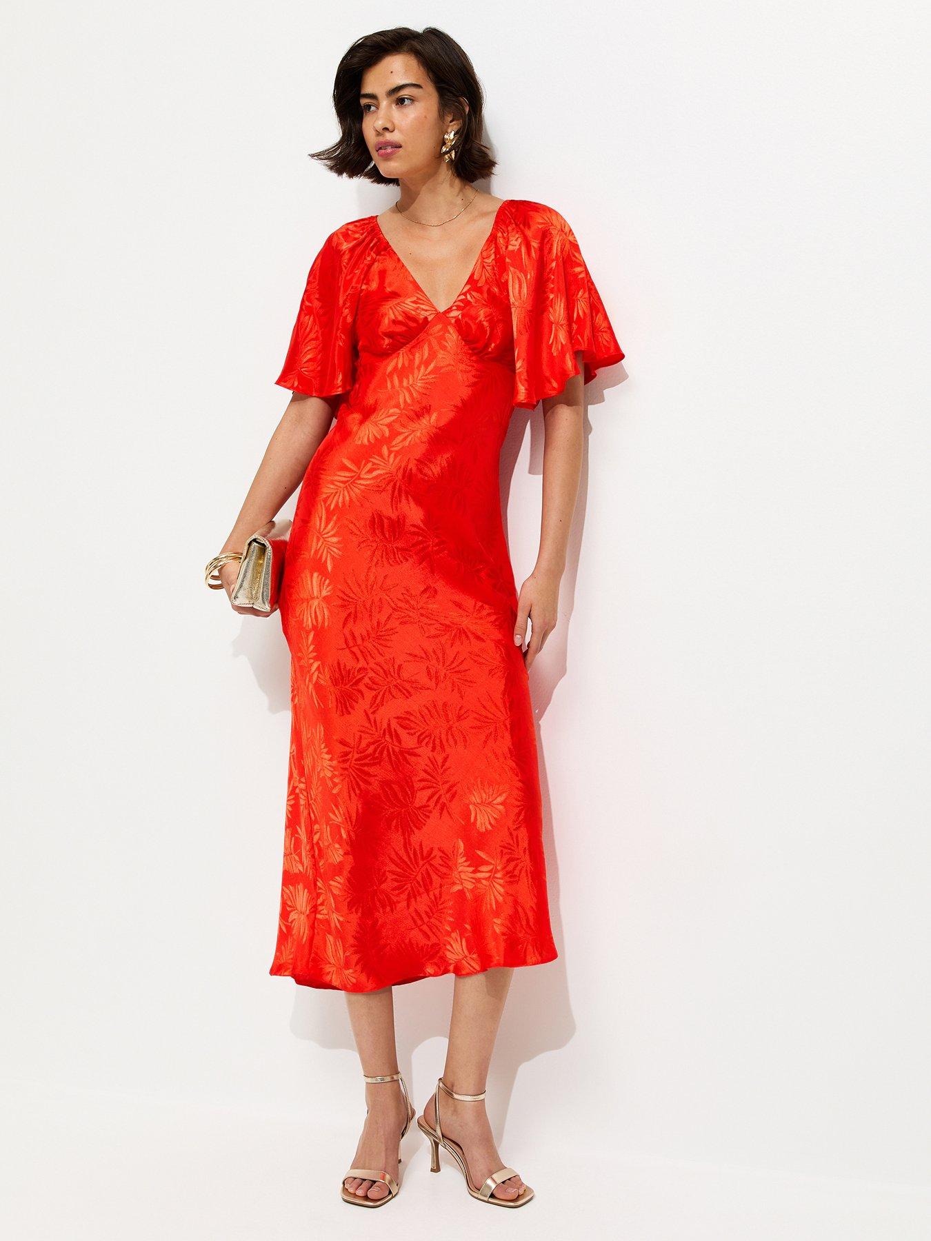 New Look Palm Leaf Jacquard Flutter Sleeve Midi Dress - Bright Orange