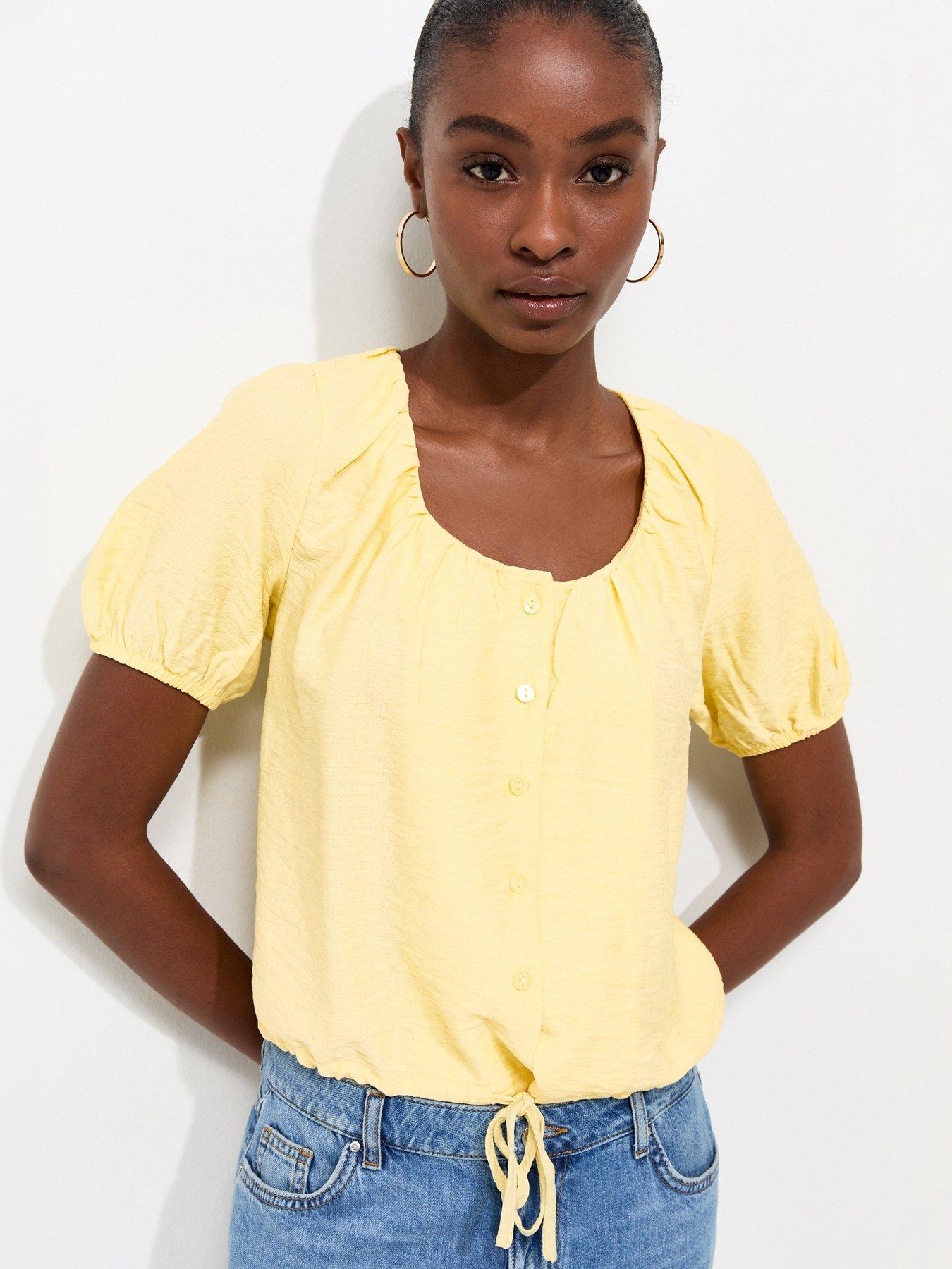 Image 1 of 6 of New Look Button Drawstring Bubble Hem Blouse - Yellow