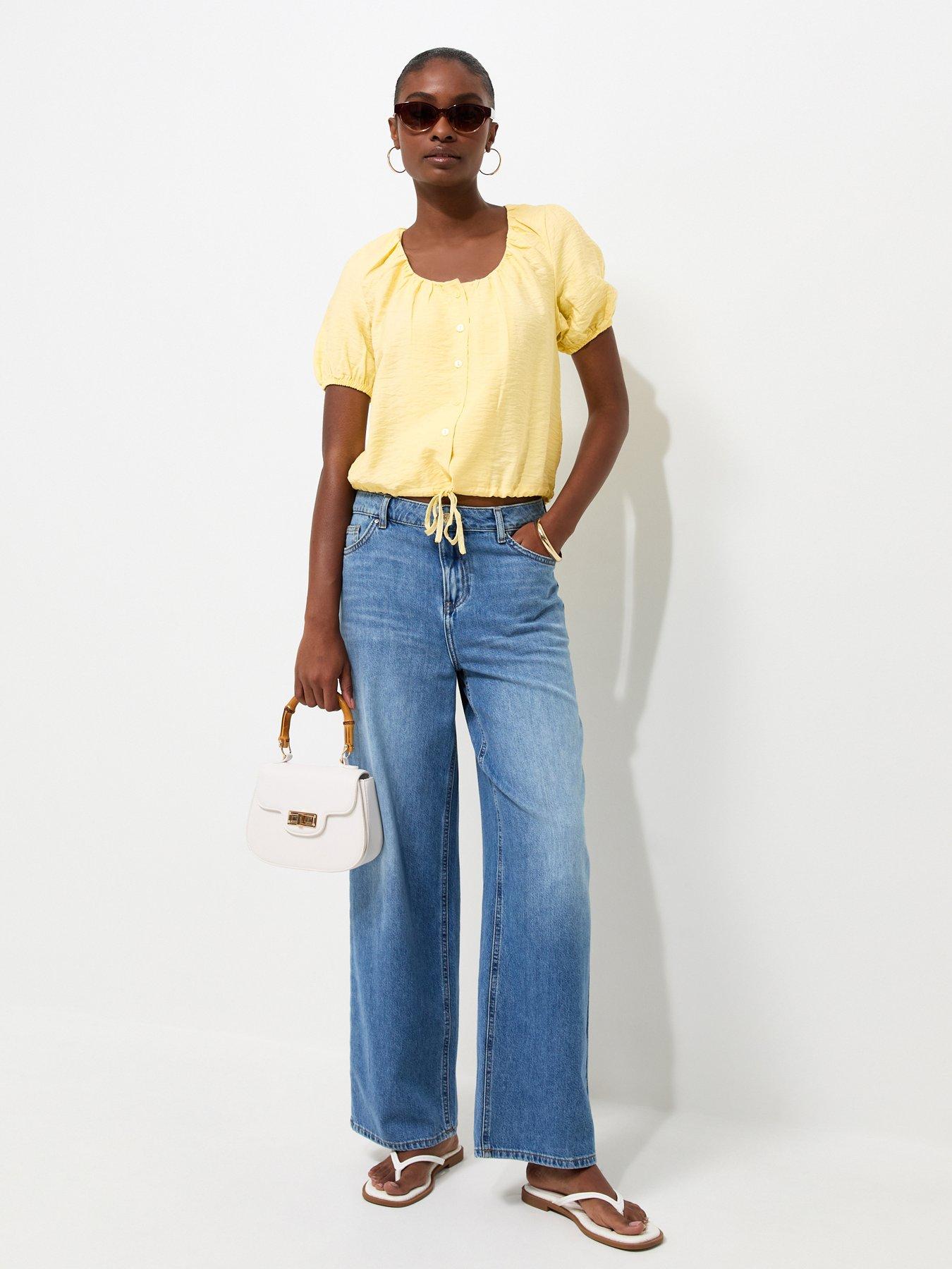 Image 3 of 6 of New Look Button Drawstring Bubble Hem Blouse - Yellow
