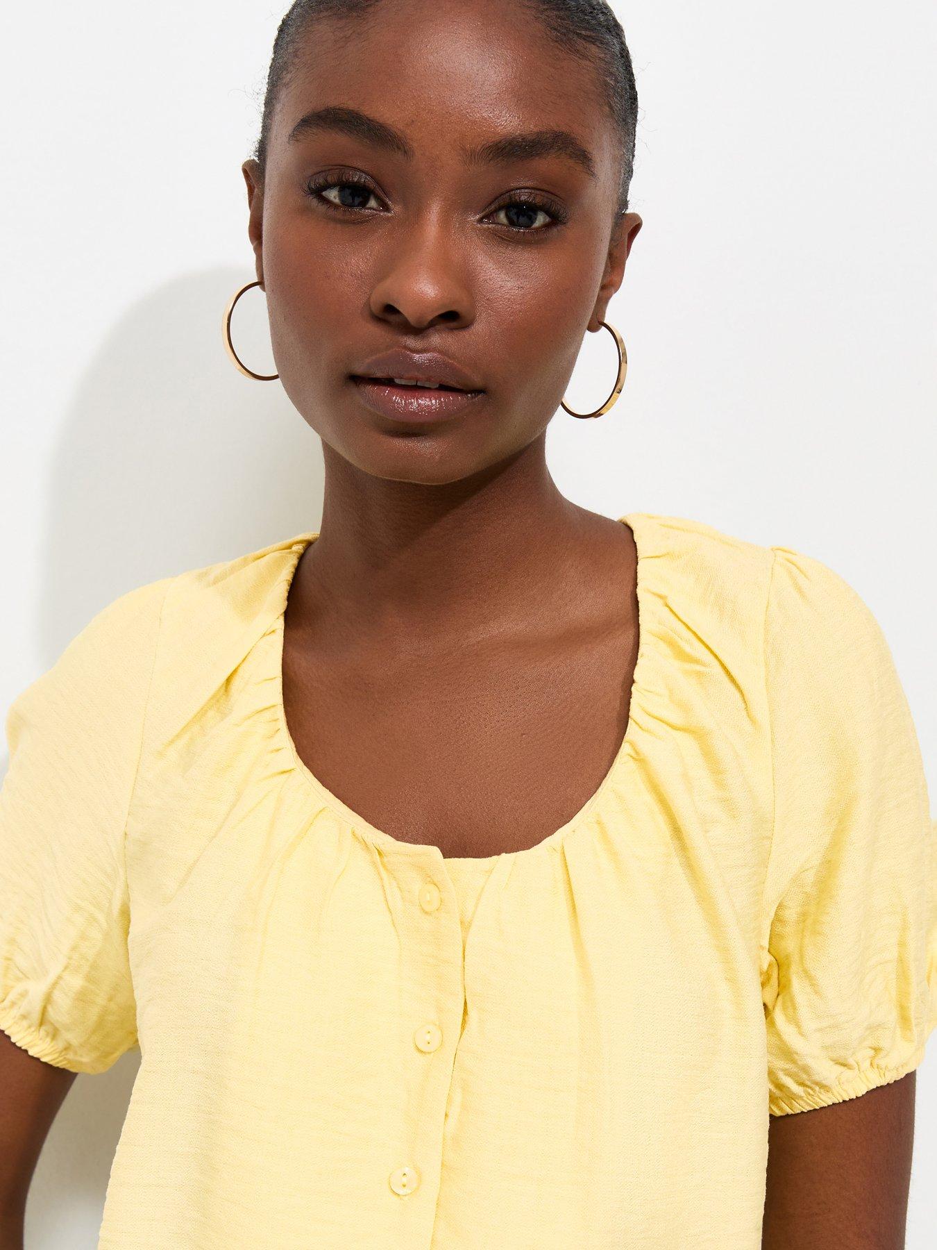 Image 4 of 6 of New Look Button Drawstring Bubble Hem Blouse - Yellow