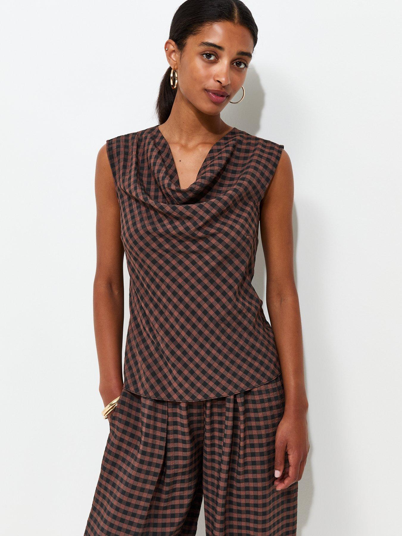 Image 1 of 6 of New Look Check Pattern Cowl Neck Woven Top - Brown