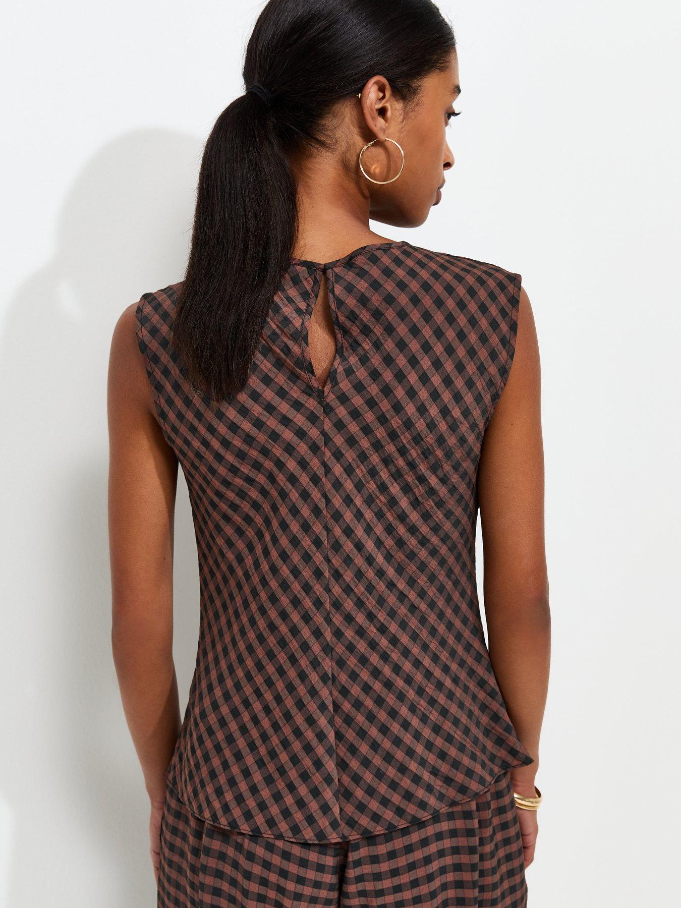 Image 2 of 6 of New Look Check Pattern Cowl Neck Woven Top - Brown