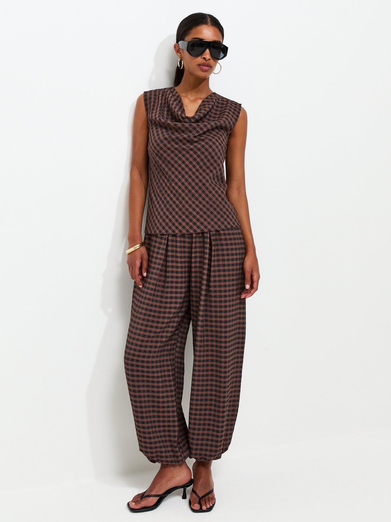 Image 3 of 6 of New Look Check Pattern Cowl Neck Woven Top - Brown