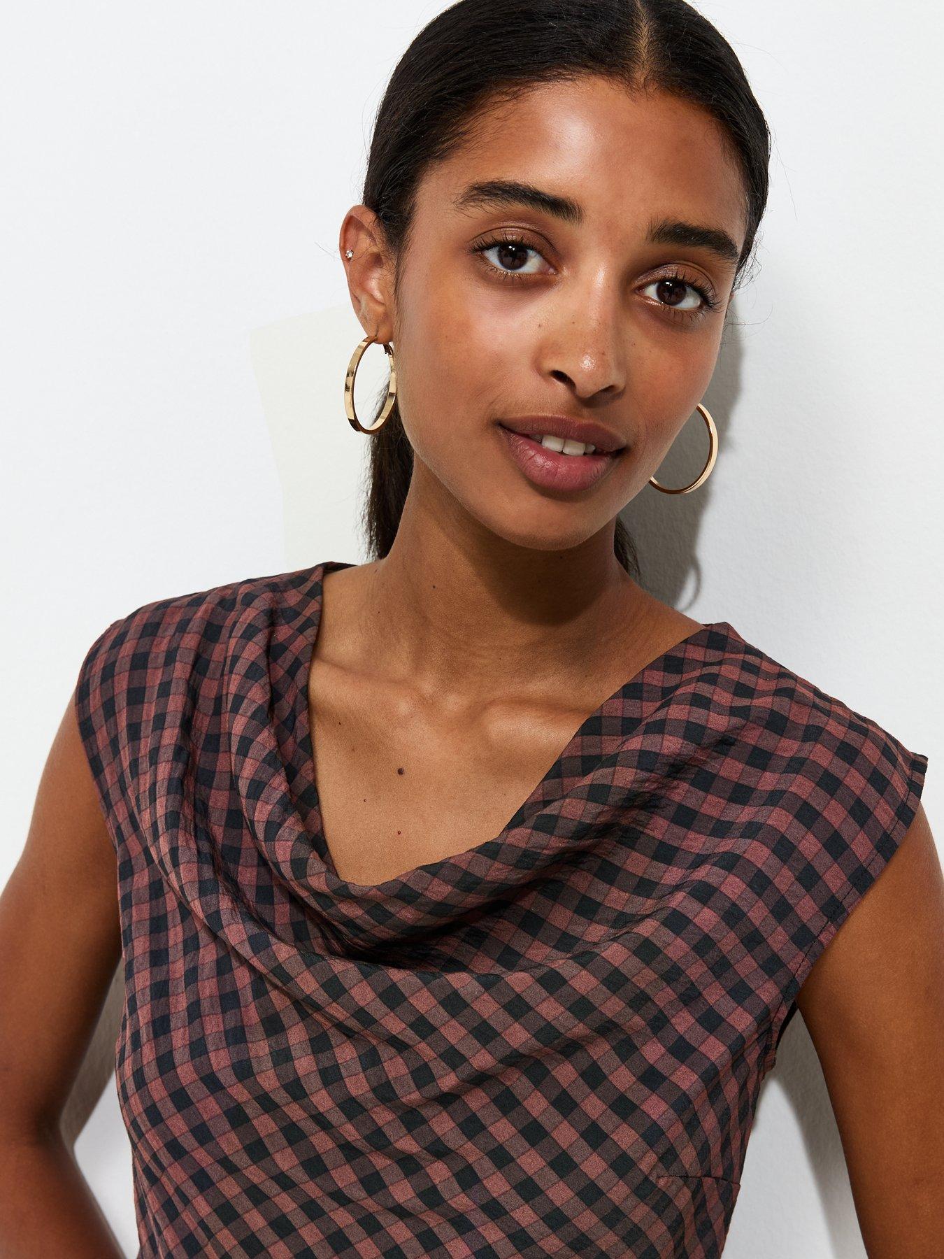 Image 4 of 6 of New Look Check Pattern Cowl Neck Woven Top - Brown