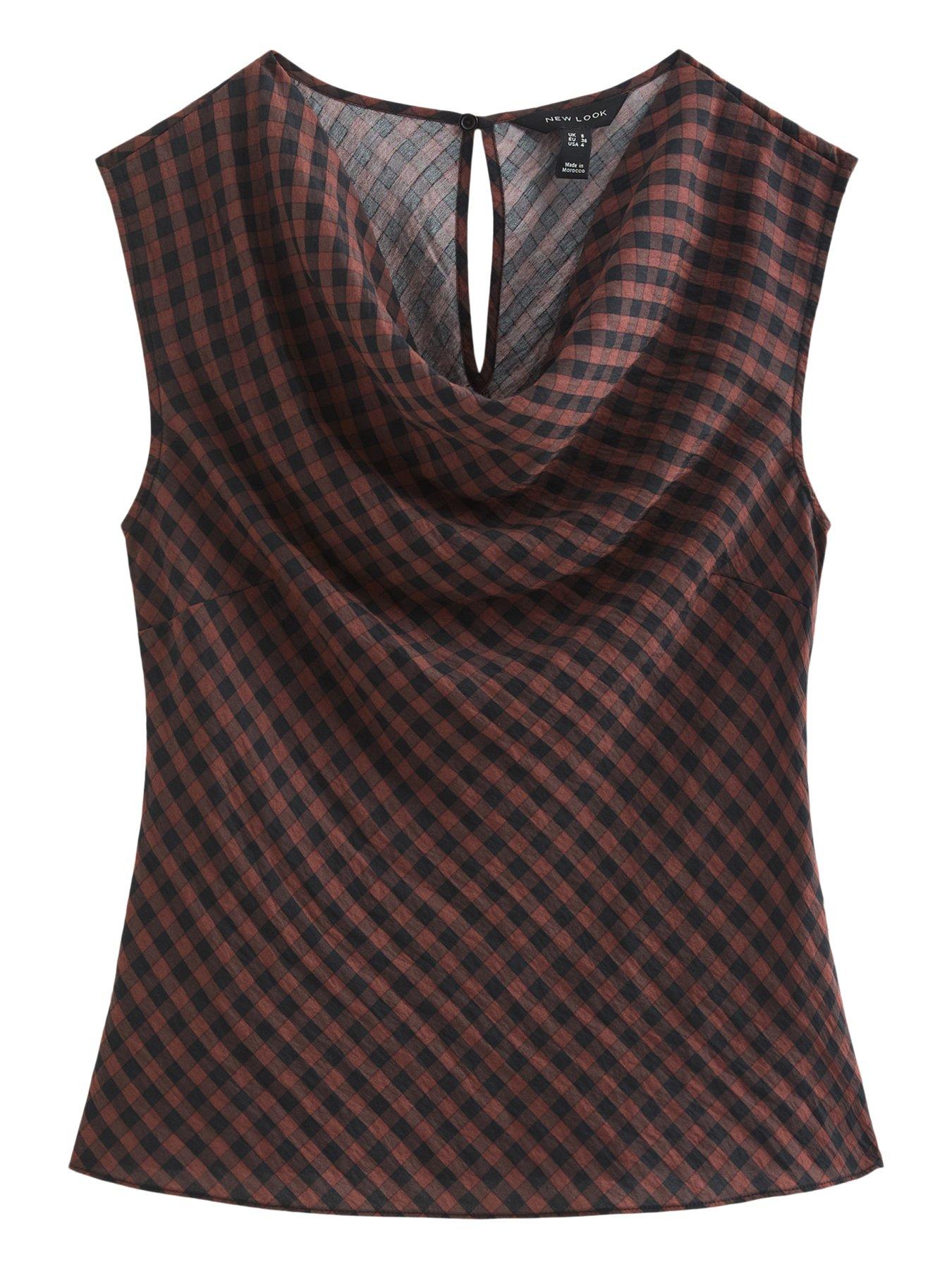 Image 6 of 6 of New Look Check Pattern Cowl Neck Woven Top - Brown