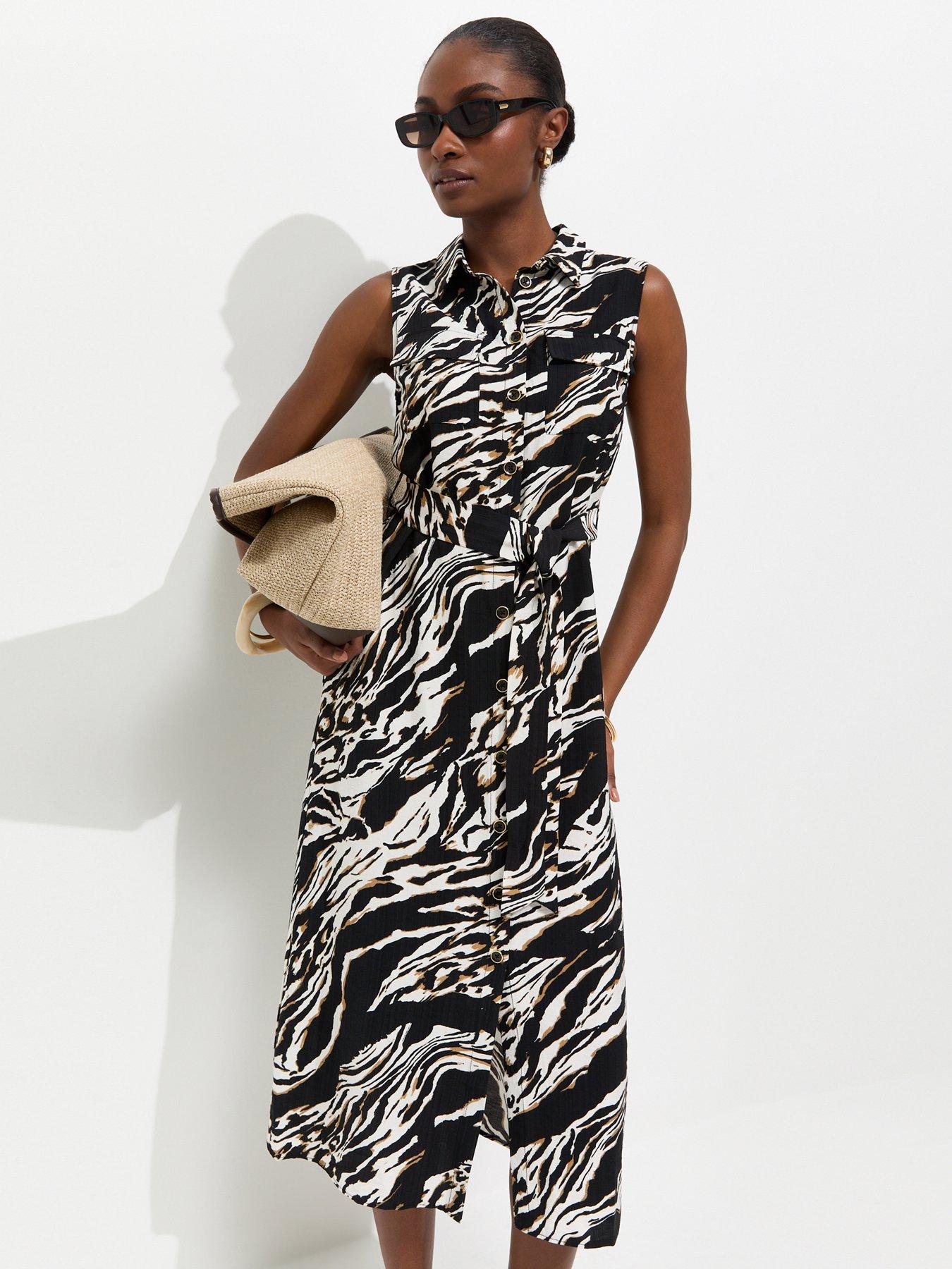 New Look Zebra Print Sleeveless Midi Shirt Dress - Black