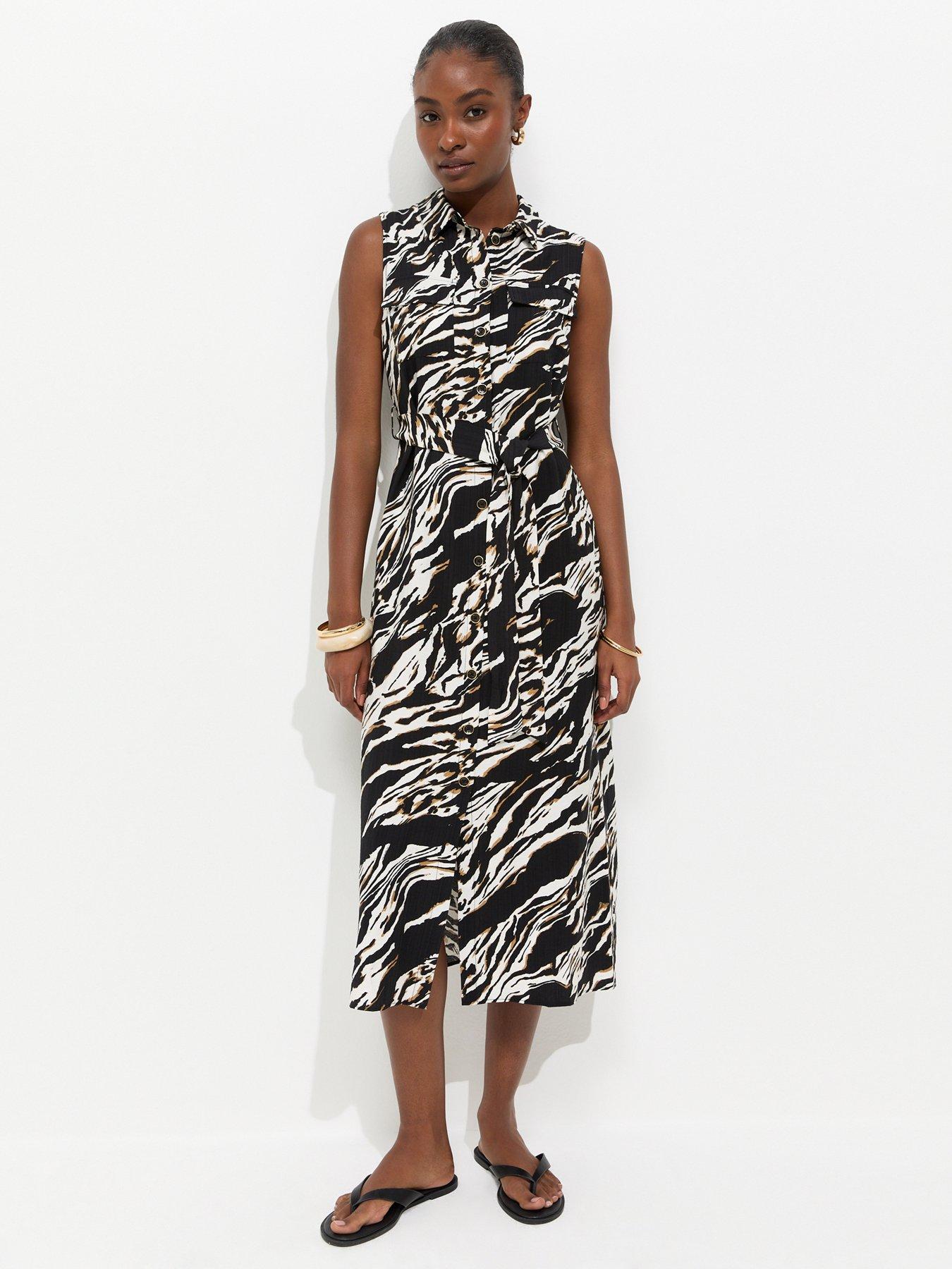 New Look Zebra Print Sleeveless Midi Shirt Dress - Black