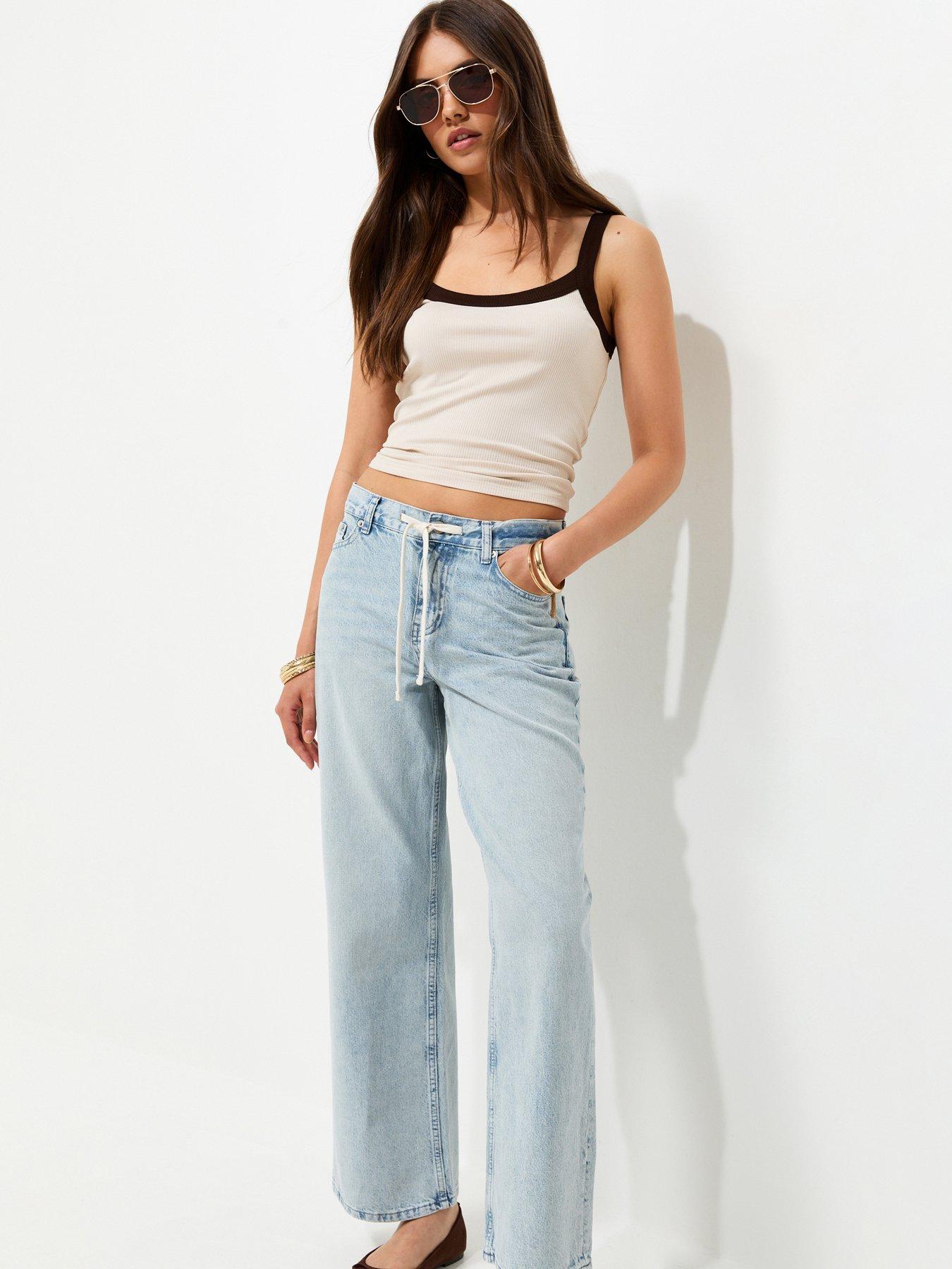 New Look Drawcord Waist Wide Leg Denim Jeans - Blue
