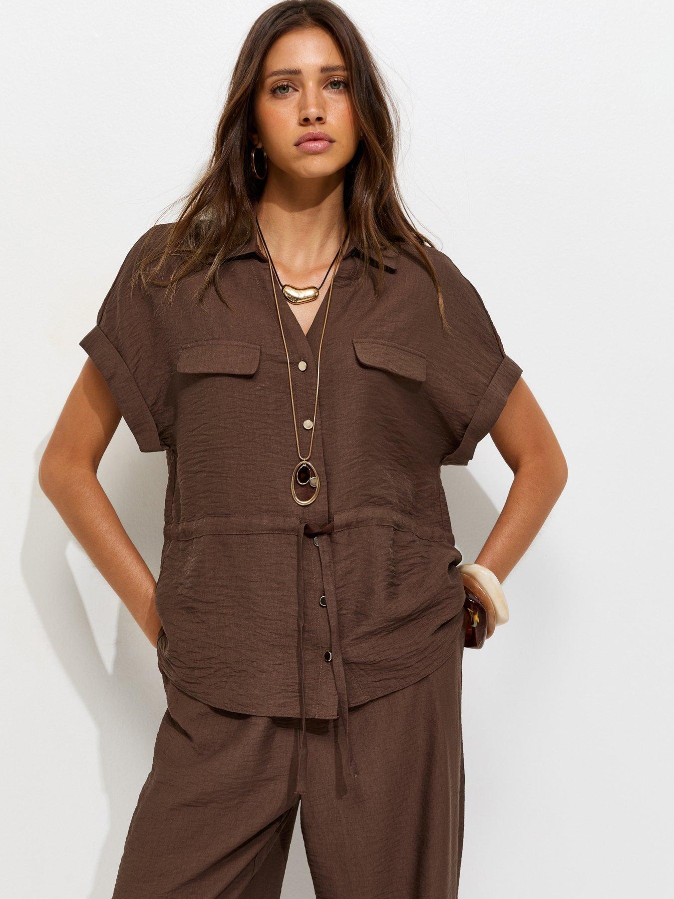 Image 1 of 6 of New Look Utility Tie Front Shirt - Brown