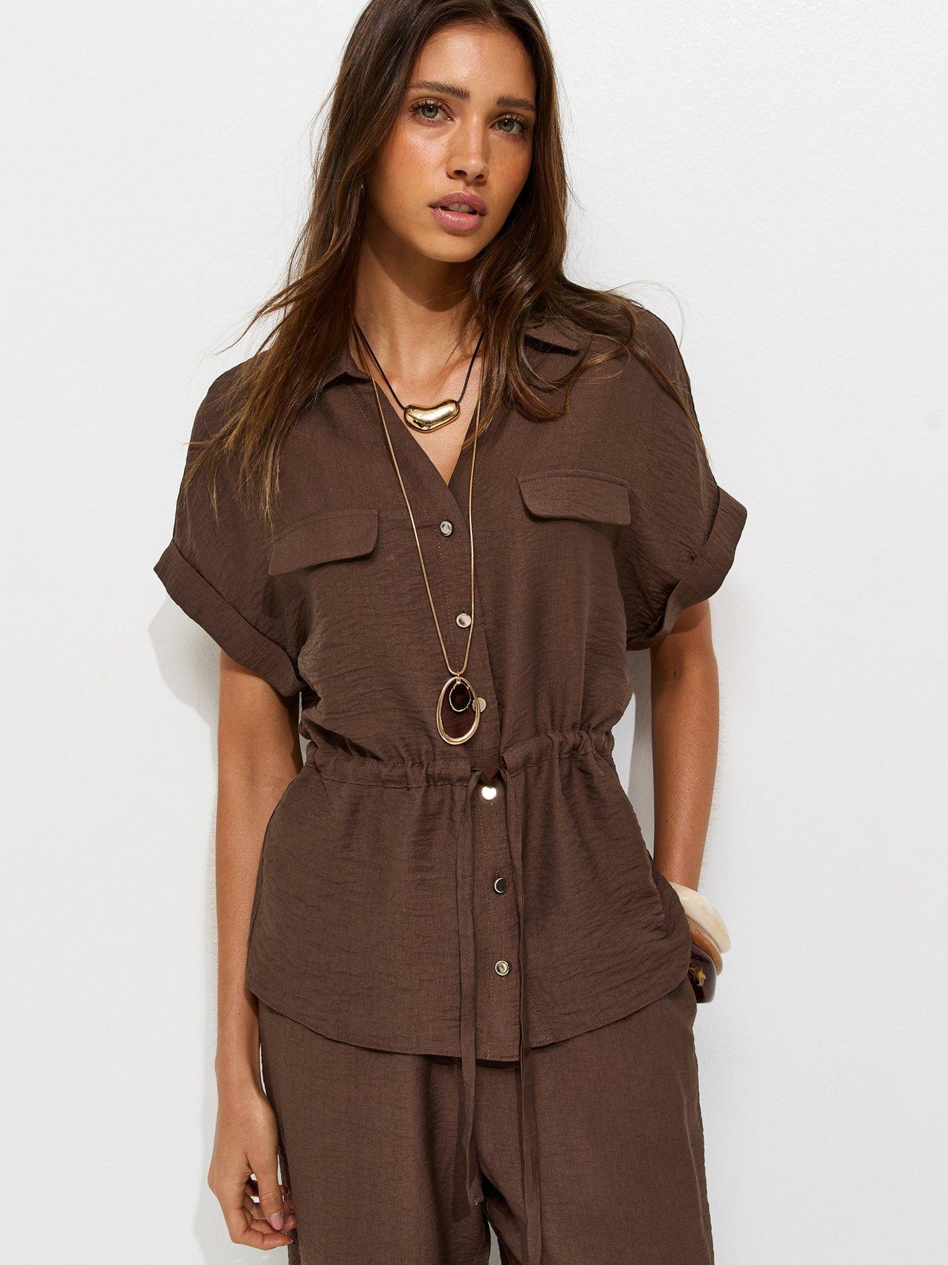 Image 6 of 6 of New Look Utility Tie Front Shirt - Brown
