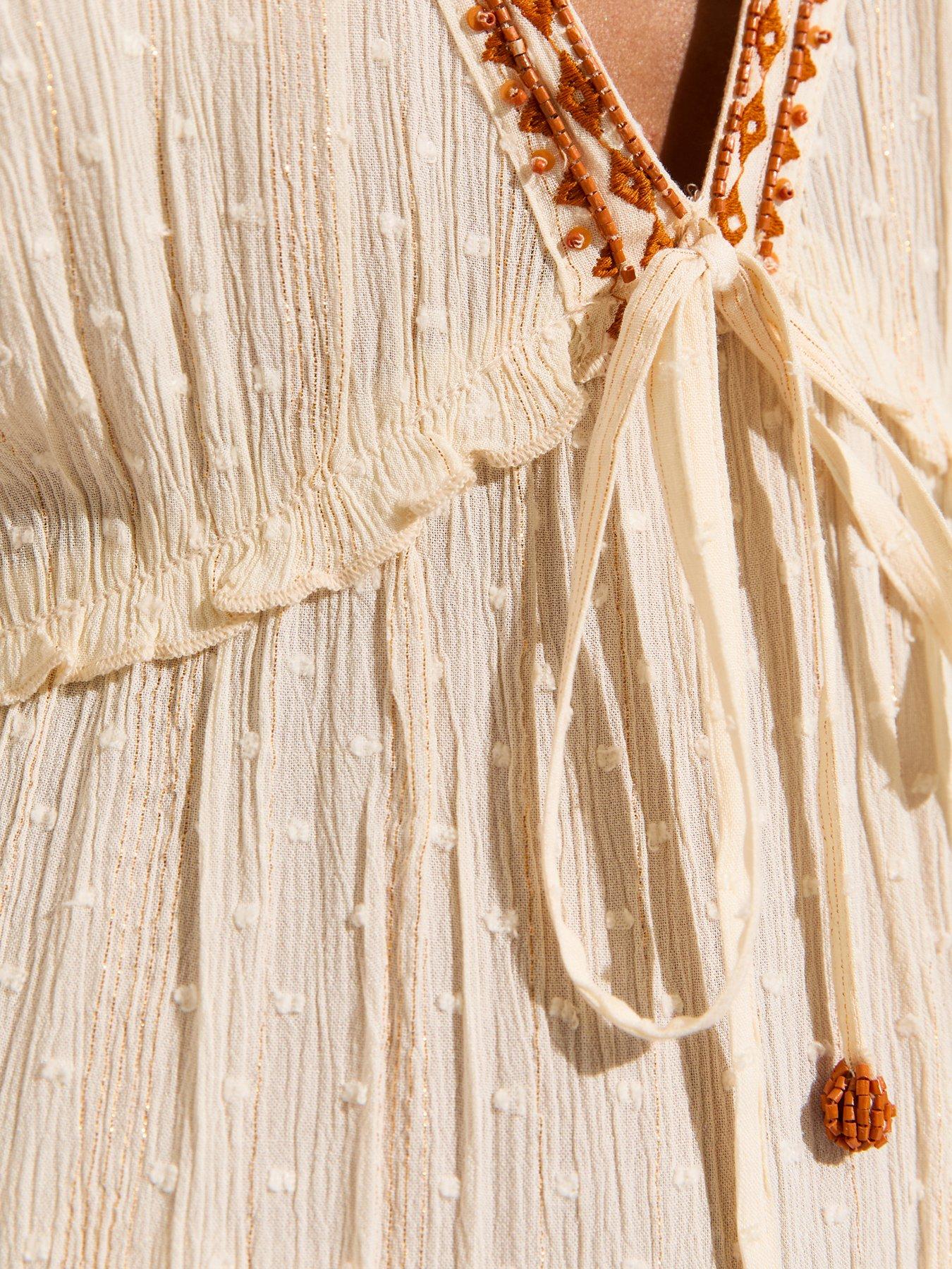 Image 5 of 5 of New Look Dobby Texture Beaded Embroidered Trim Kaftan Dress - Off White