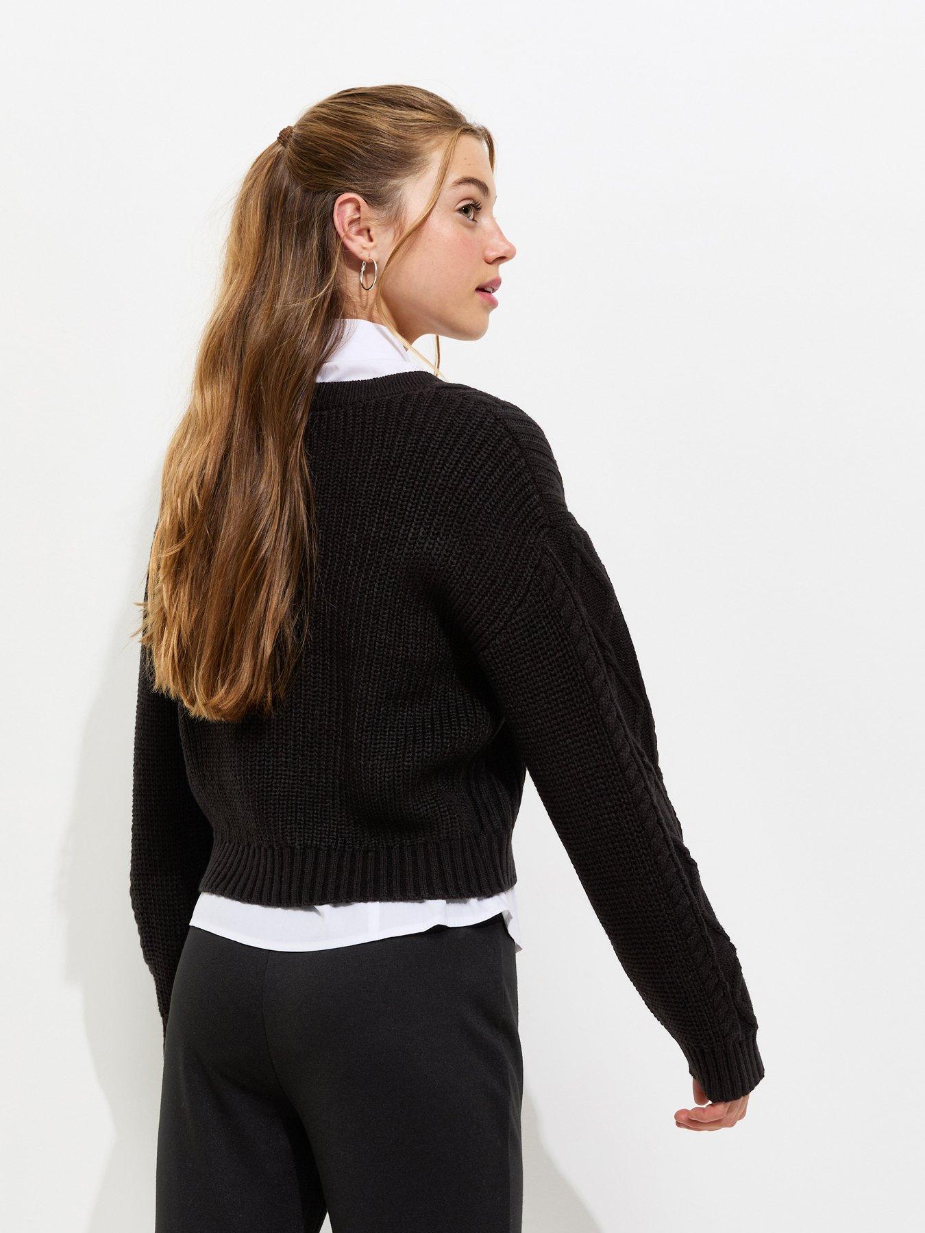 Image 2 of 5 of New Look 915 Girls V-Neck Cable Knit Jumper - Black