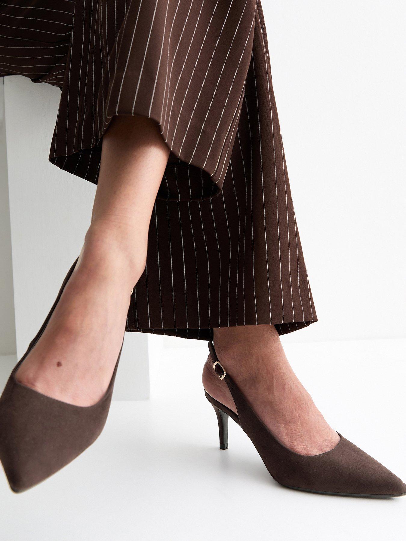 Image 1 of 5 of New Look Faux Suede Slingback Pumps - Dark Brown