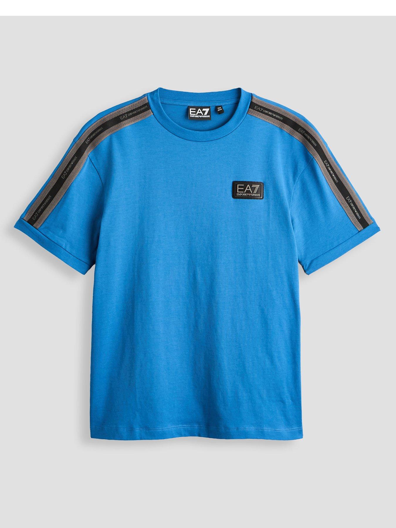 EA7 Emporio Armani Boys Train Logo Series Tape Short Sleeve T-Shirt, Blue, Size 10 Years