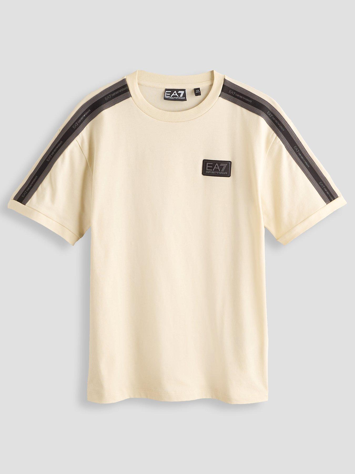 EA7 Emporio Armani Boys Train Logo Series Tape Short Sleeve T-Shirt, Cream, Size 8 Years