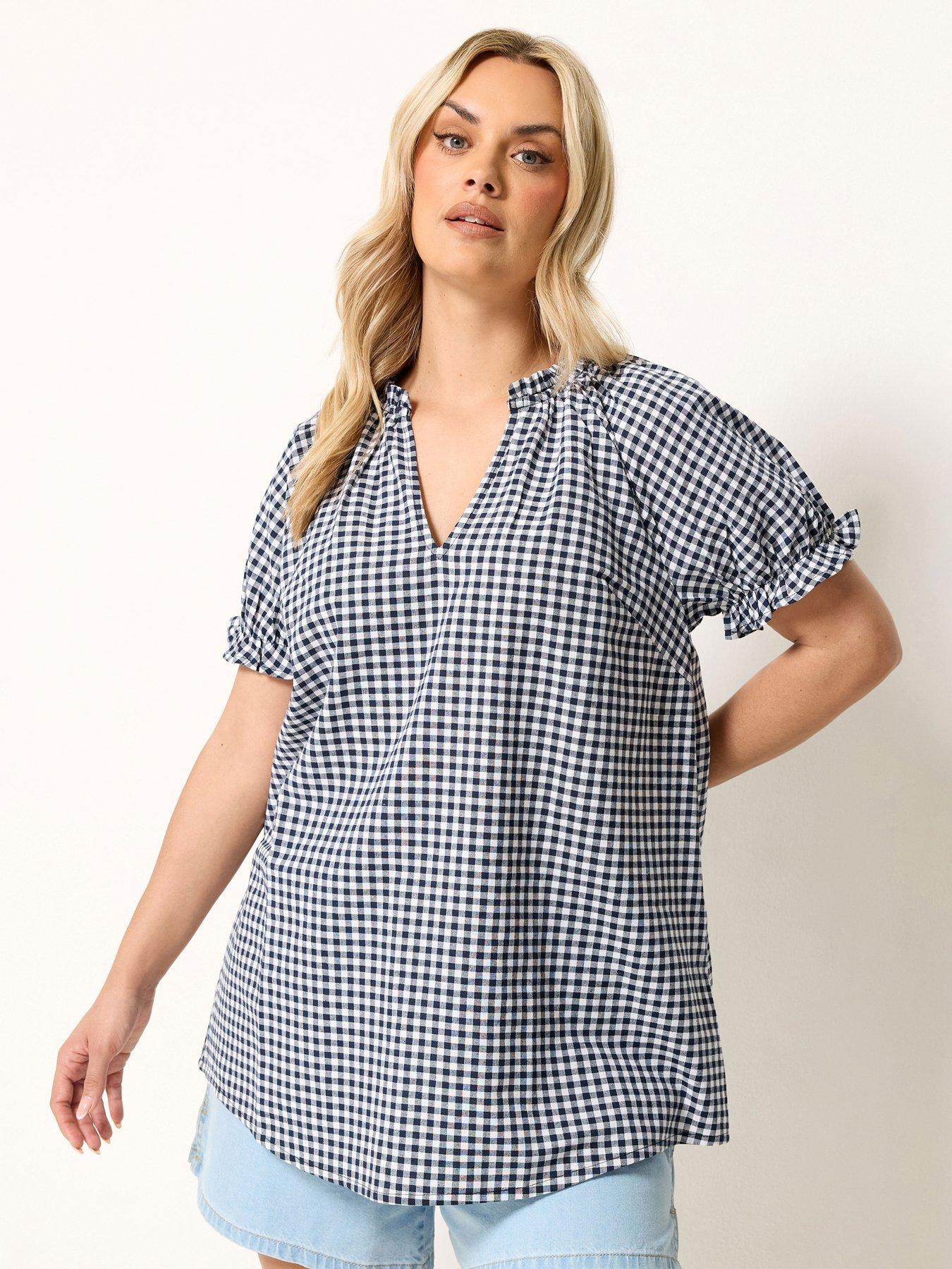 Image 1 of 4 of Yours Curve Gingham Notch Neck Blouse - Blue