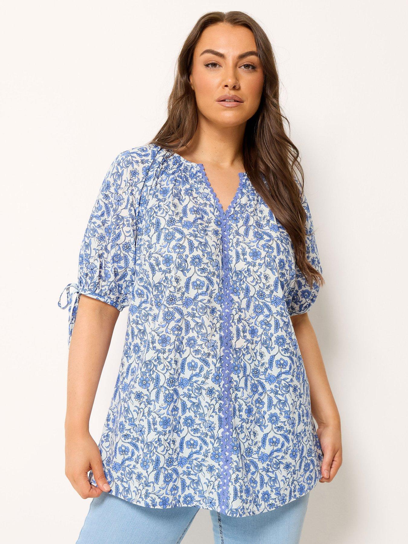 Image 1 of 4 of Yours Curve Floral Contrast Trim Blouse - Blue