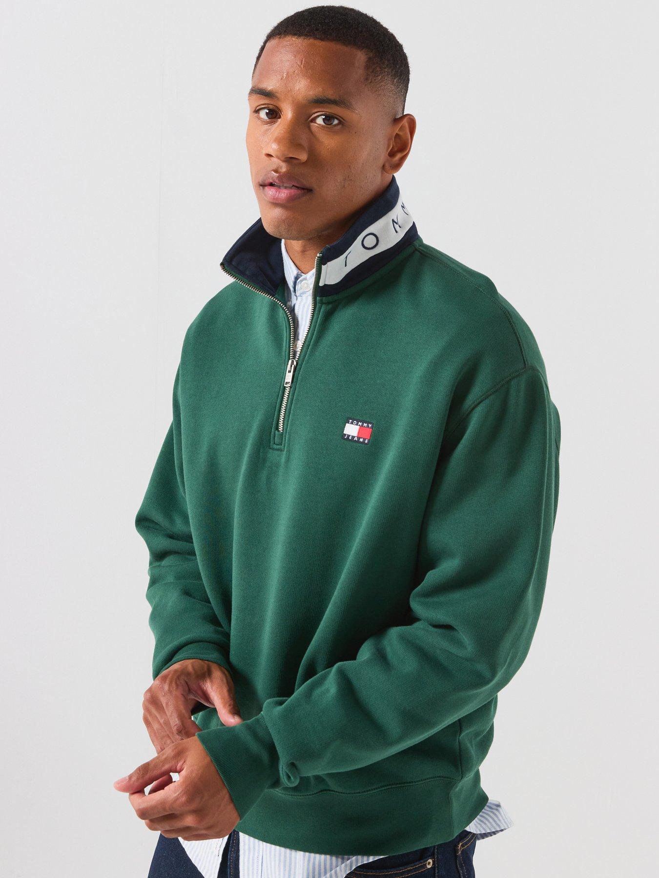 Tommy Jeans Relaxed Branded Collar 1/4 Zip Sweatshirt, Green, Size M, Men
