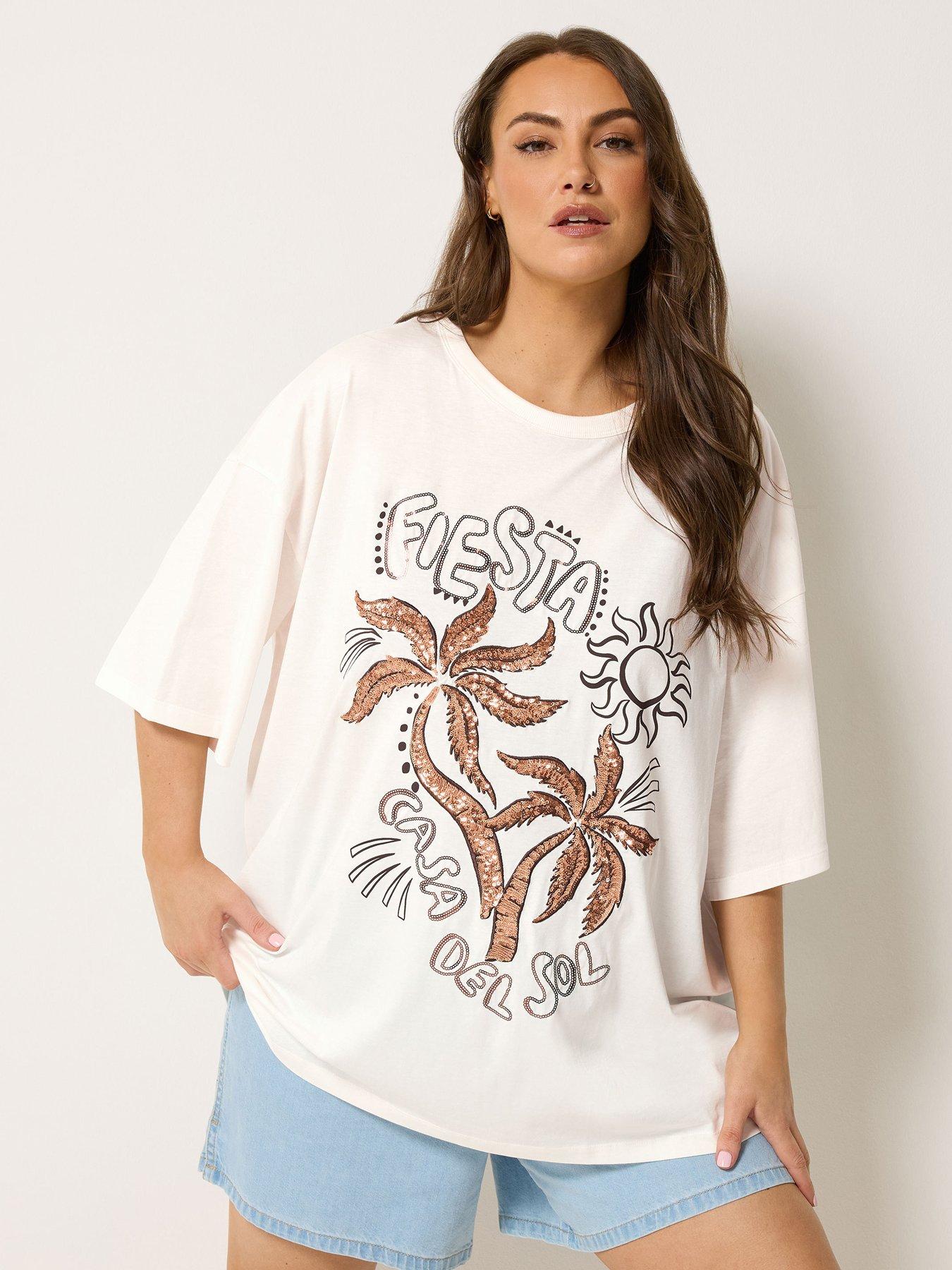 Image 1 of 5 of Yours Curve Placement Sequin Detail Boxy T-Shirt - Cream