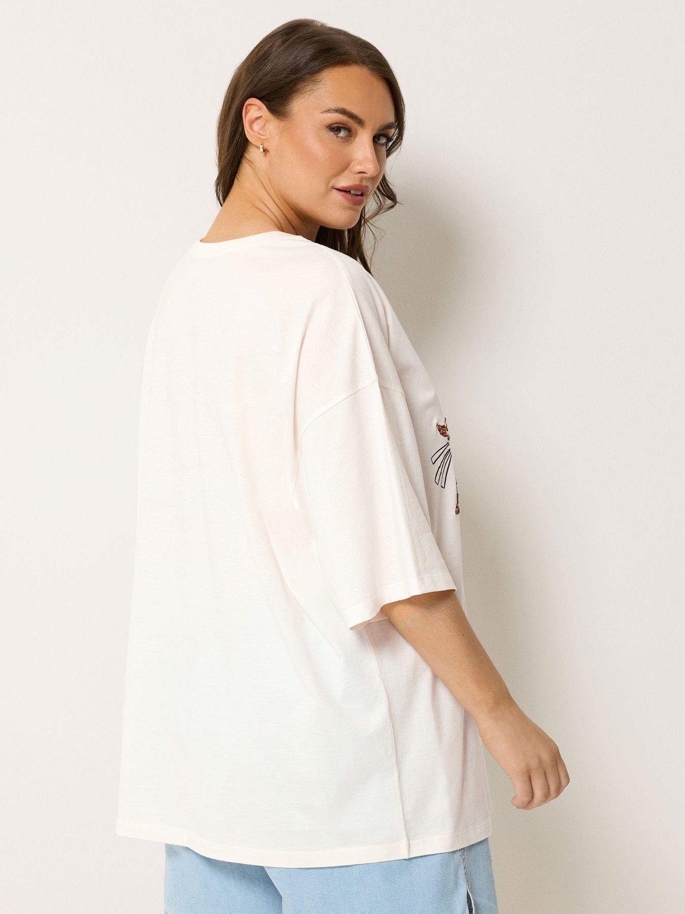 Image 2 of 5 of Yours Curve Placement Sequin Detail Boxy T-Shirt - Cream