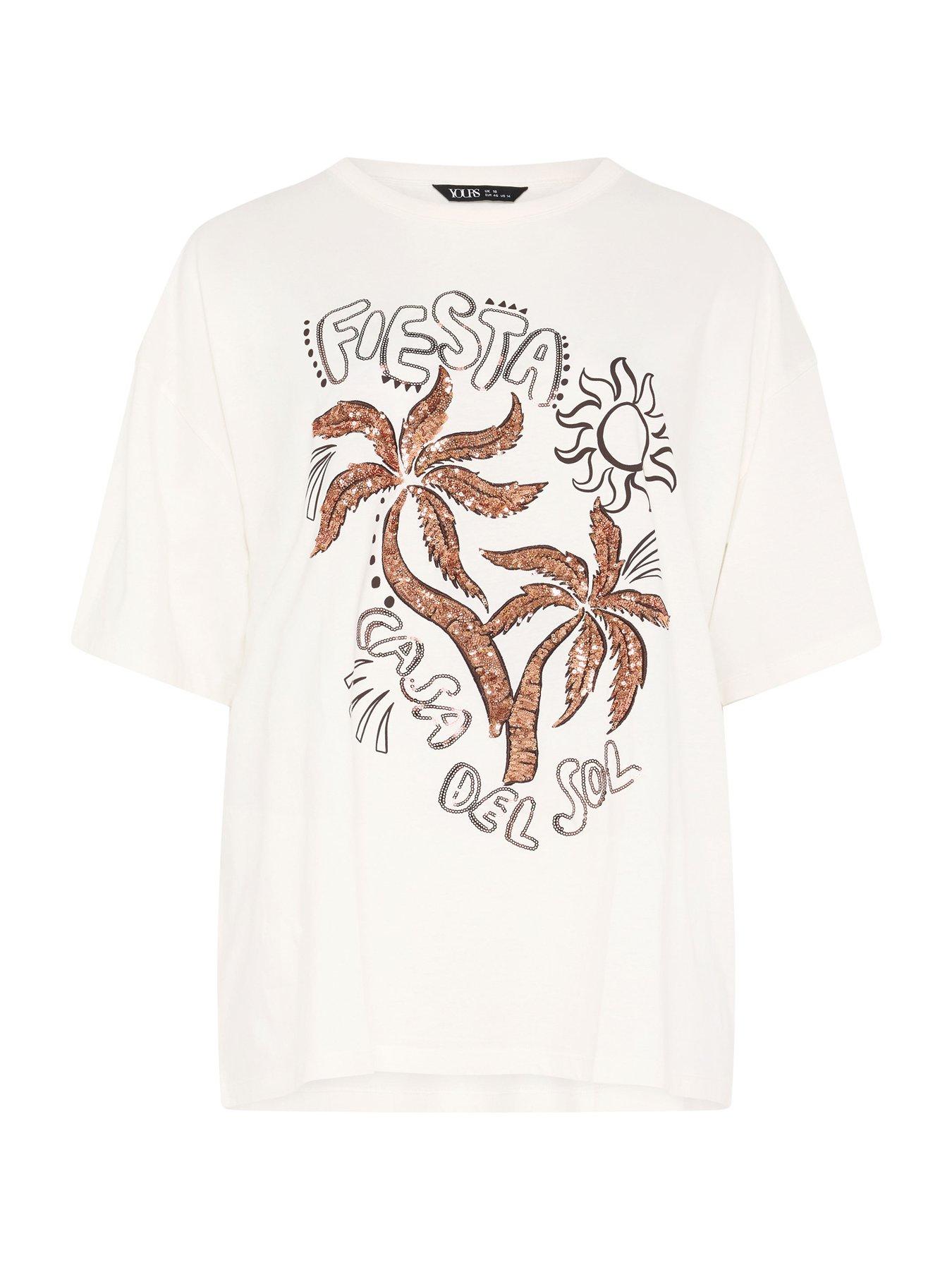 Image 5 of 5 of Yours Curve Placement Sequin Detail Boxy T-Shirt - Cream