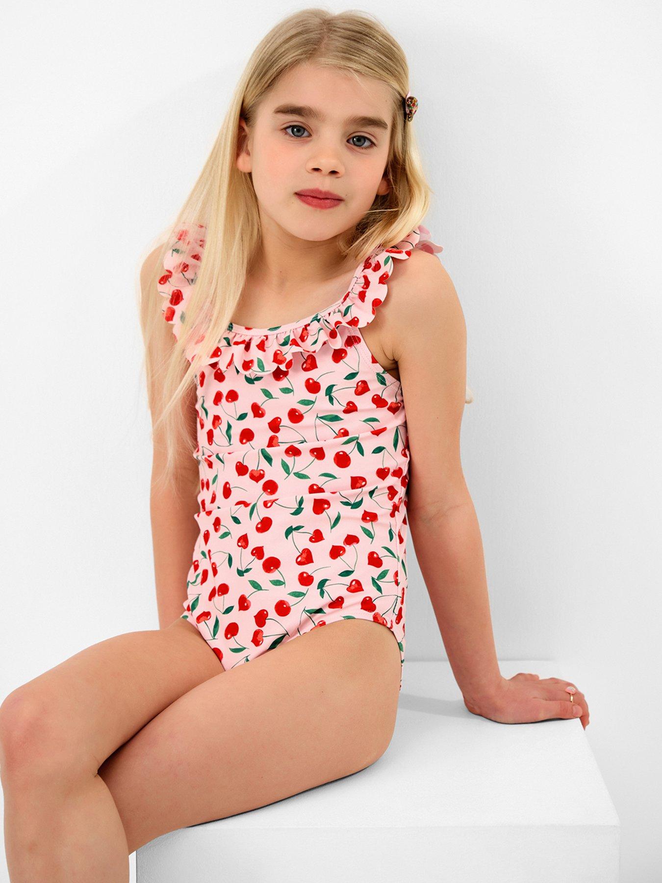 Accessorize Girls Cherry Frill Swimsuit, Pink, Size Age: 3-4 Years