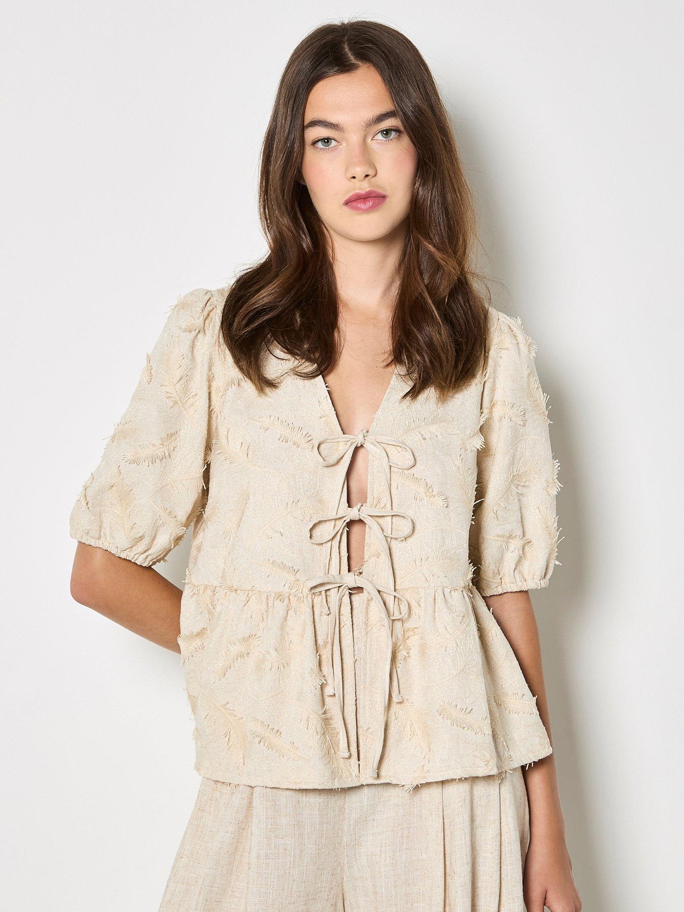 Apricot 3D Embroidered Peplum Linen Top - Cream