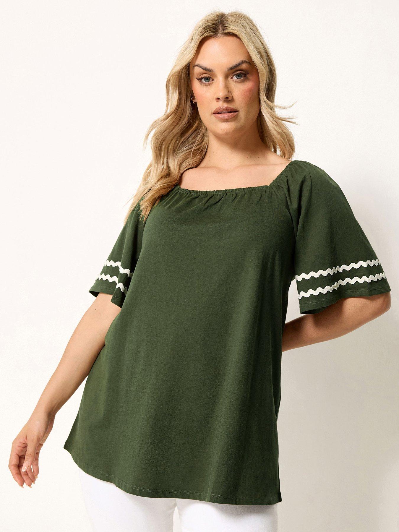 Yours Curve Ric Rac Square Neck T-Shirt - Green