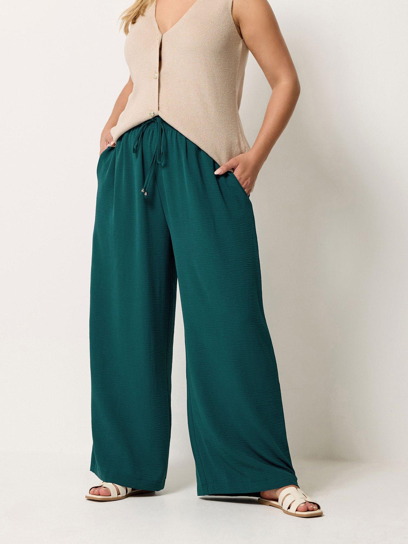 Yours Curve Washed Twill Wide Leg Trousers 30" - Green