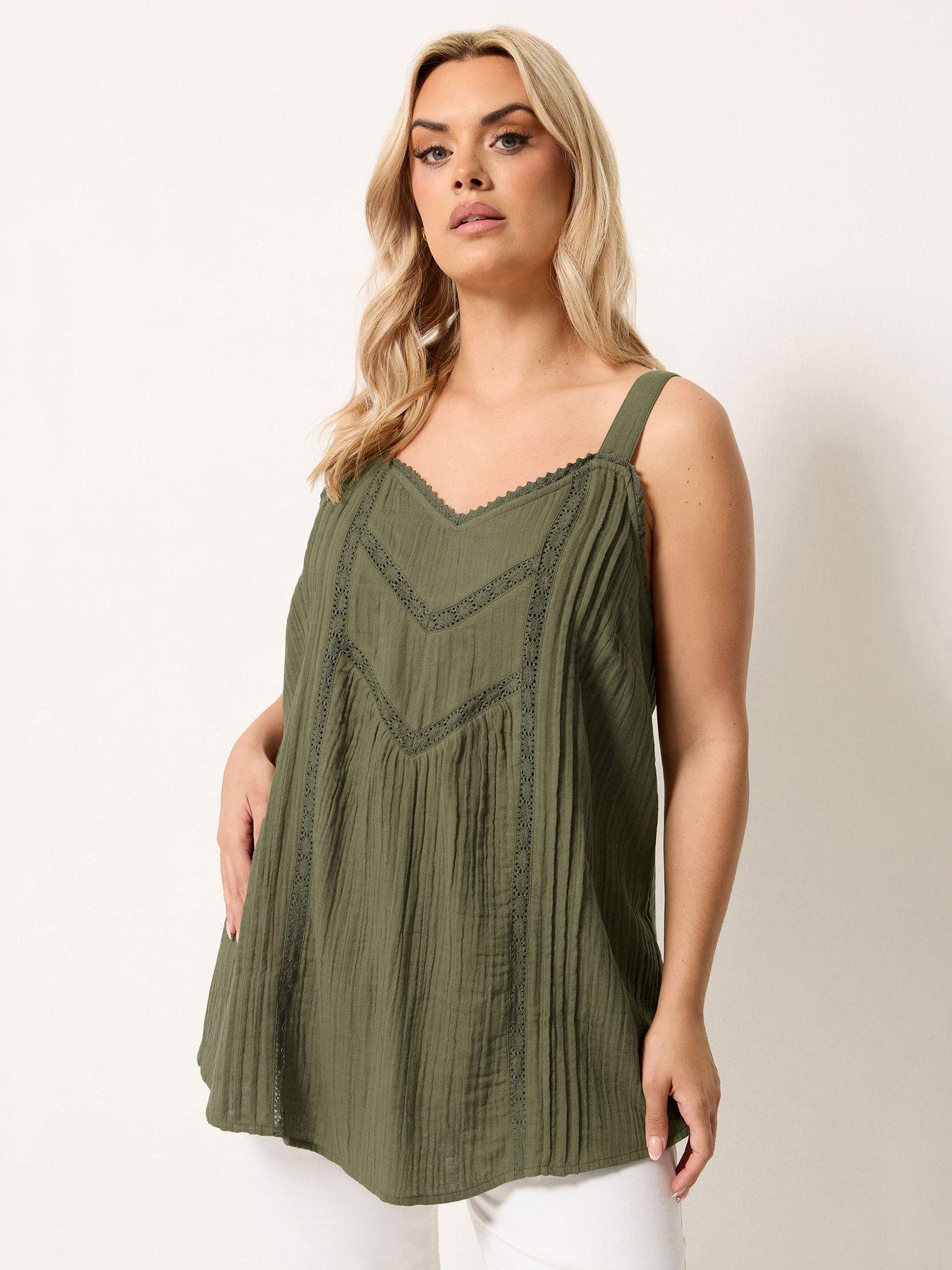 Yours Curve Crochet V-Neck Insert Cami Top - Green
